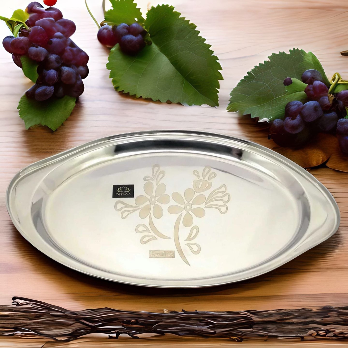 Nyra Stainless Steel Mango Shaped Serving TraySalver for Multipurpose Use Platter for Serving DrinksSnacksCakeDesserts- Set of 2- Weight 440 gm Each