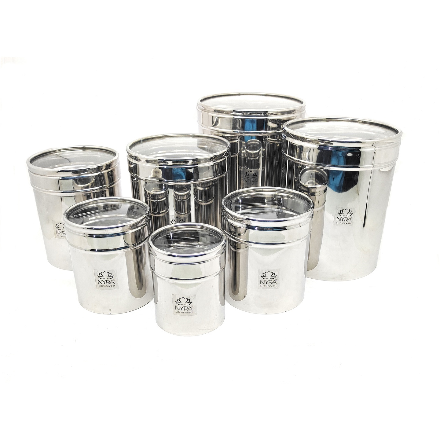 Nyra Stainless Steel Set of 7 Pcs Multipurpose ContainersCanisters For Kitchen Storage Vertical Jar Dabba with Transparent See through Lid - Ideal for Storing Rice, Cereal, Pulse, Snacks, Spices and other kitchen utilities