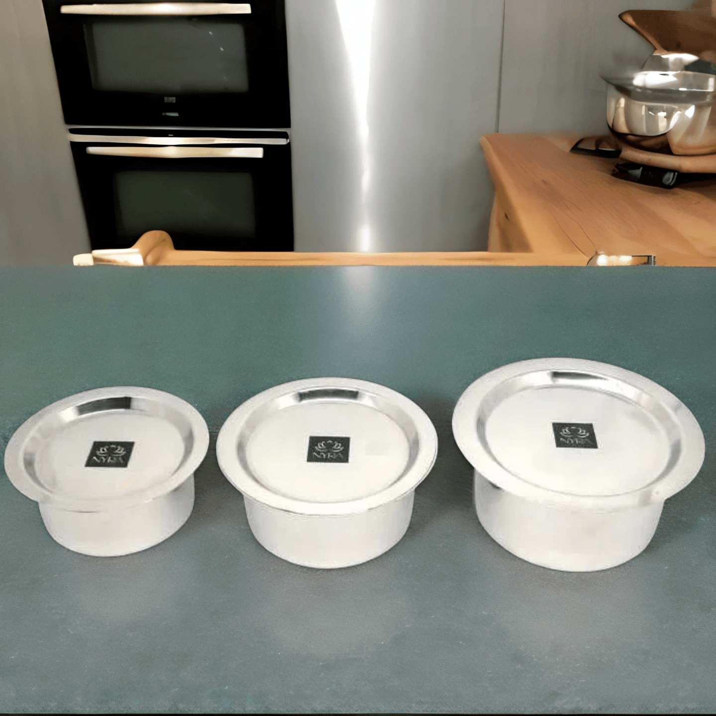 Nyra Mini Steel Bhagona Set of 3 Pieces Induction Base Cooktop Bhagona Multi-Purpose Food Grade