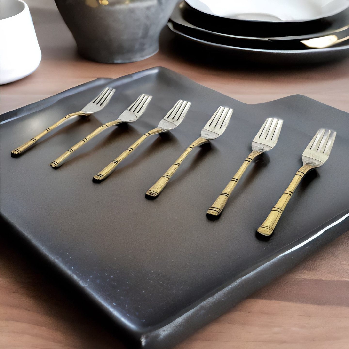 Nyra Stainless Steel Brass Forks Set of 6 Pcs, Traditional Indian Designed Tableware  Dinnerware, Kitchenware Utensil Cutlery  Kitchen Accessory