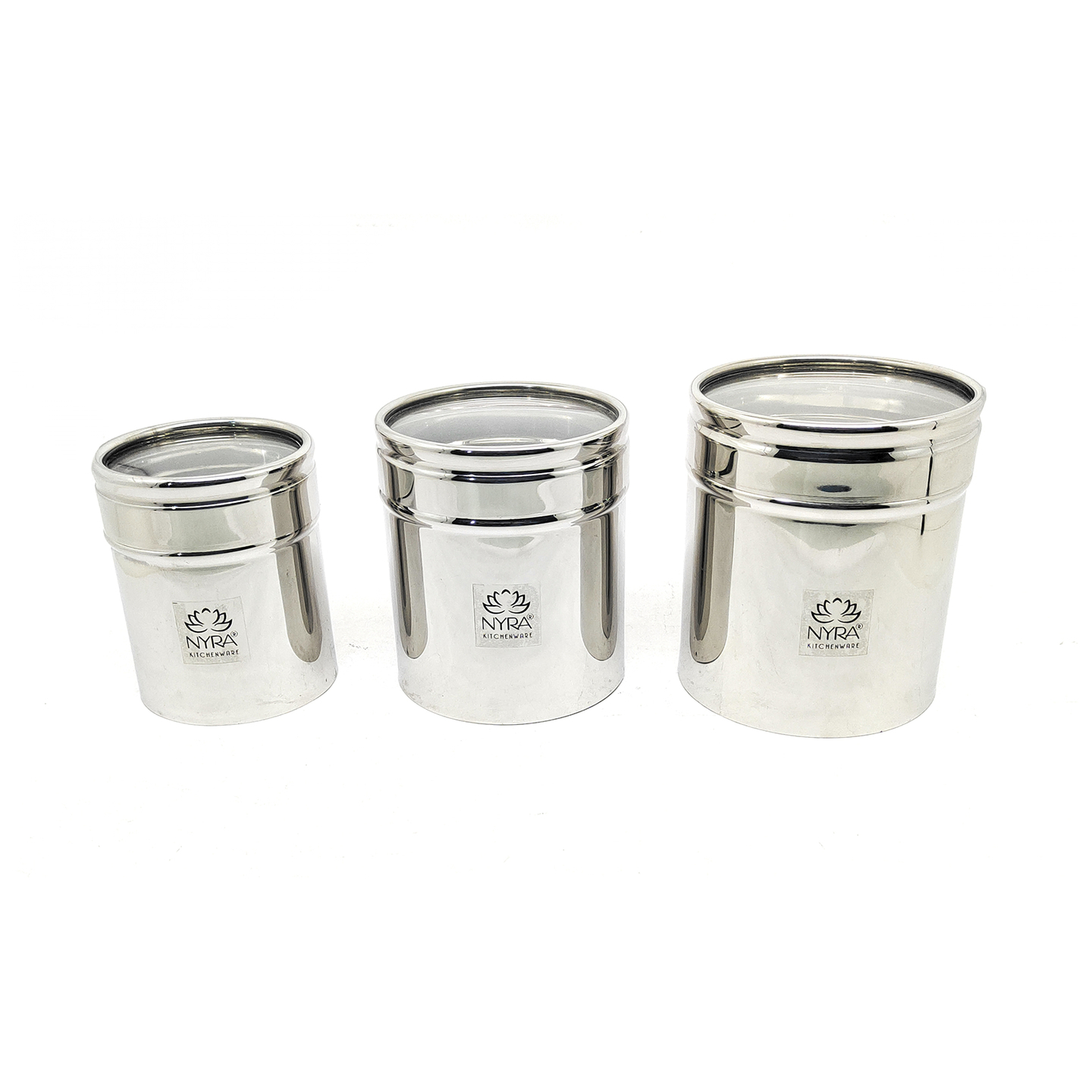 Nyra Stainless Steel Set of 3 Pcs Multipurpose ContainersCanisters For Kitchen Storage Vertical Jar Dabba with Transparent See through Lid - Ideal for Storing Rice, Cereal, Pulse, Snacks, Spices and other kitchen utilities