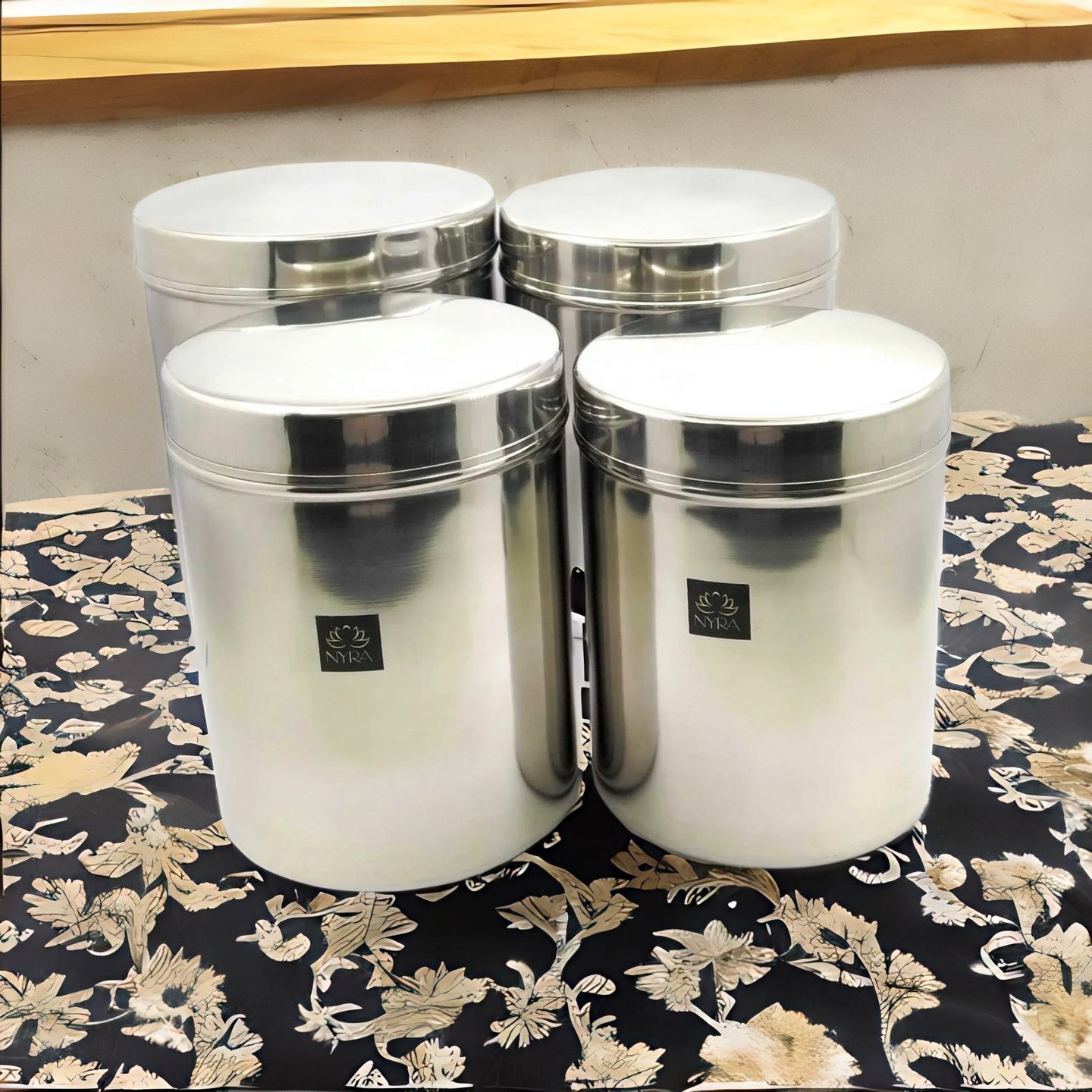 Nyra Stainless-Steel Cylindrical Shaped Deep Storage Box Containers DibbaDubba Set of 4 capacity from 3.45 liter to 6 liters