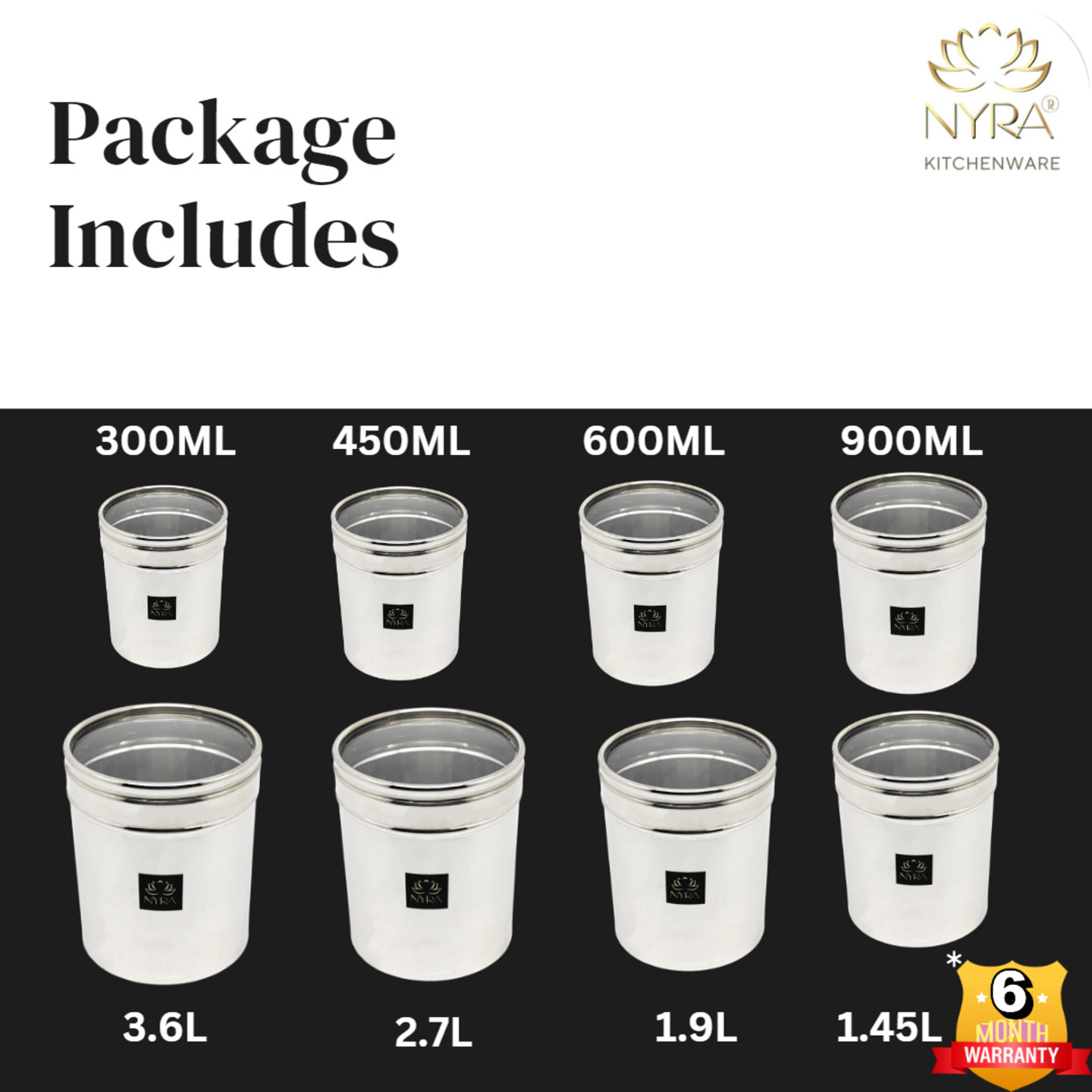 Nyra Stainless Steel Set of 8 Pcs Multipurpose ContainersCanisters For Kitchen Storage Vertical Jar Dabba with Transparent See through Lid - Ideal for Storing Rice, Cereal, Pulse, Snacks, Spices and other kitchen utilities