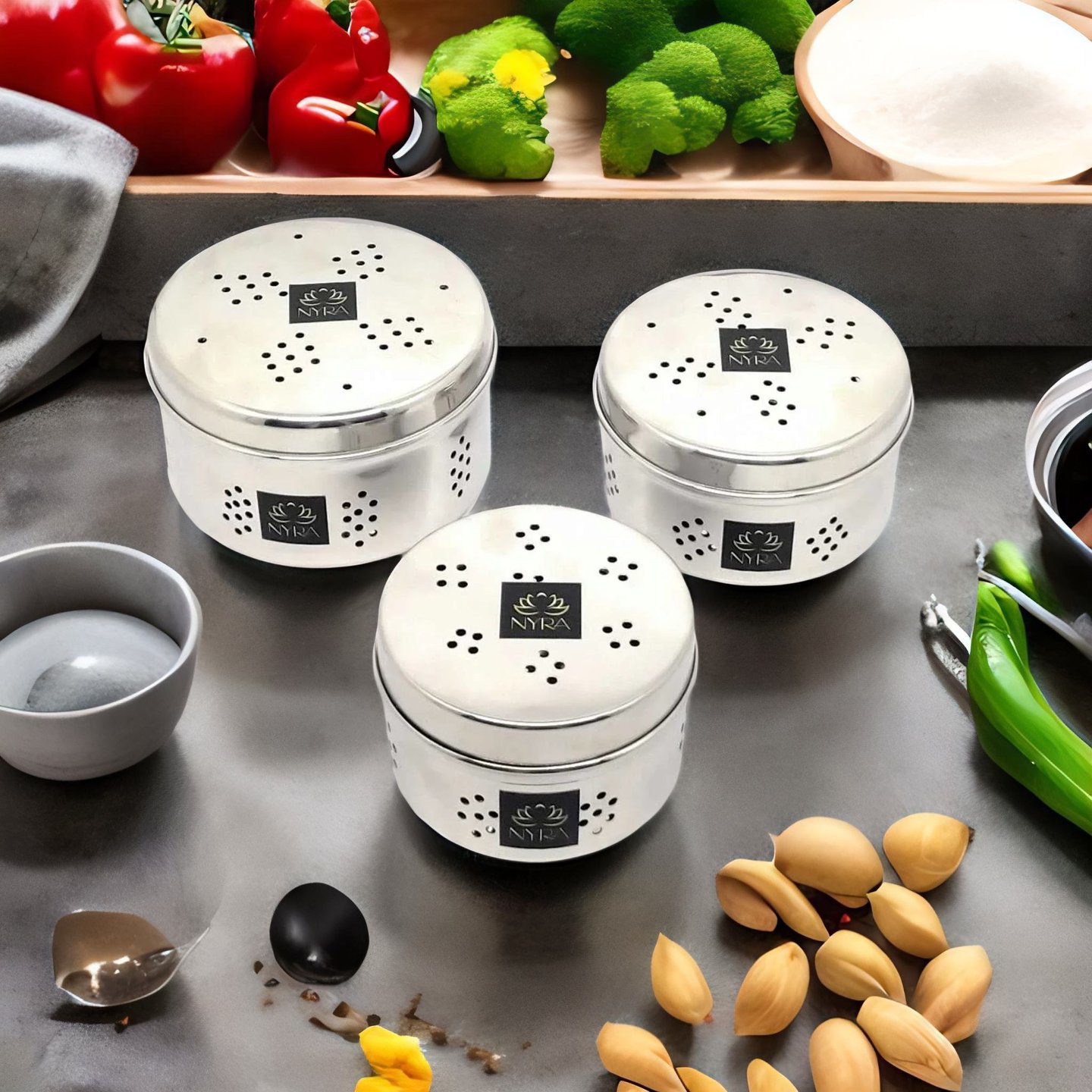 Nyra Stainless Steel Green Coriander Storage Box Tulsi Mint curry leaves Canister with air ventilationDhaniya DibbaDibbi - Set of 3