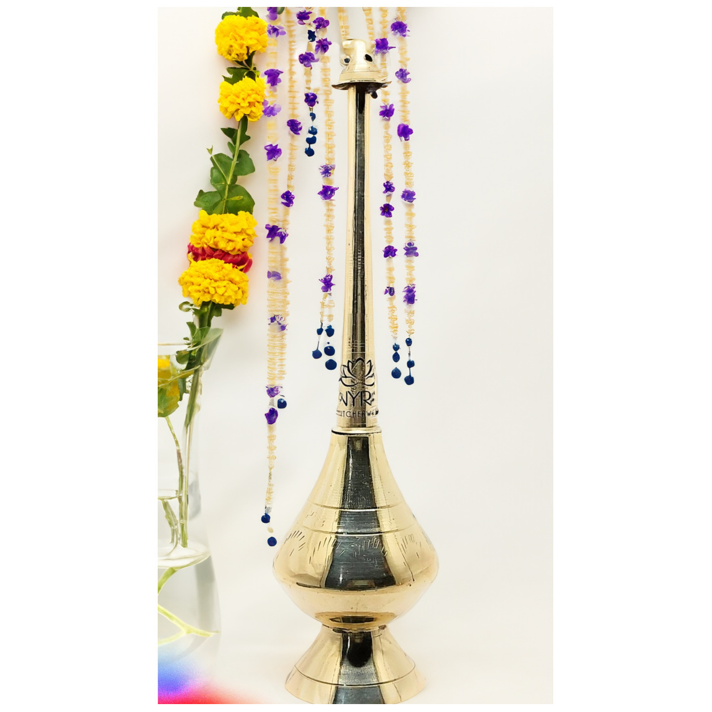 Nyra Brass sprinkler bottle for holy water, Ganga Jal, and perfume, Gulab pash rose water, paneer sombu Traditional Rituals- Religious Purpose, Mandir, Gifting