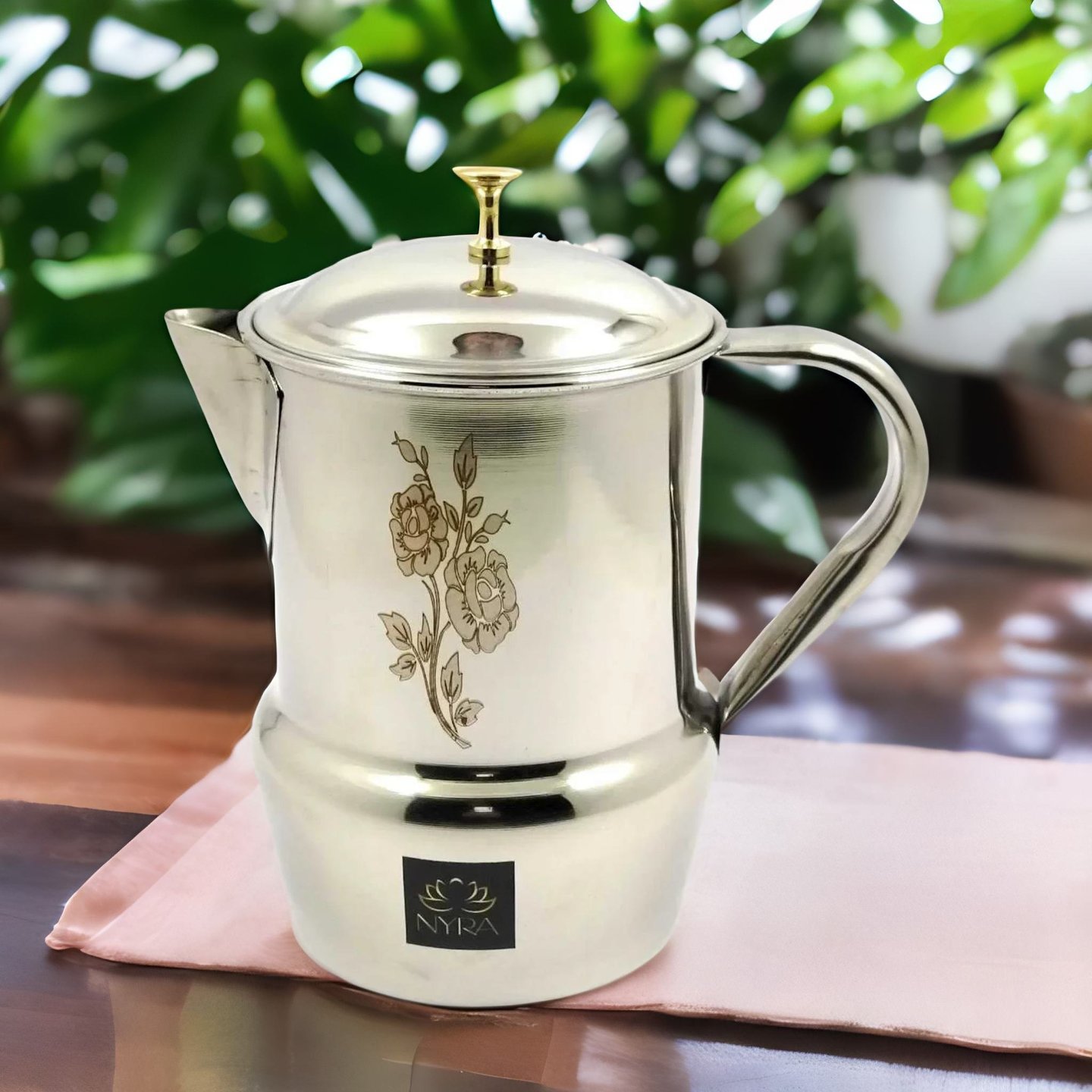 NYRA Stainless Steel Tea Coffee Pot, Lazer Floral Print, Peetal Brass Knob, 1.15 Liter