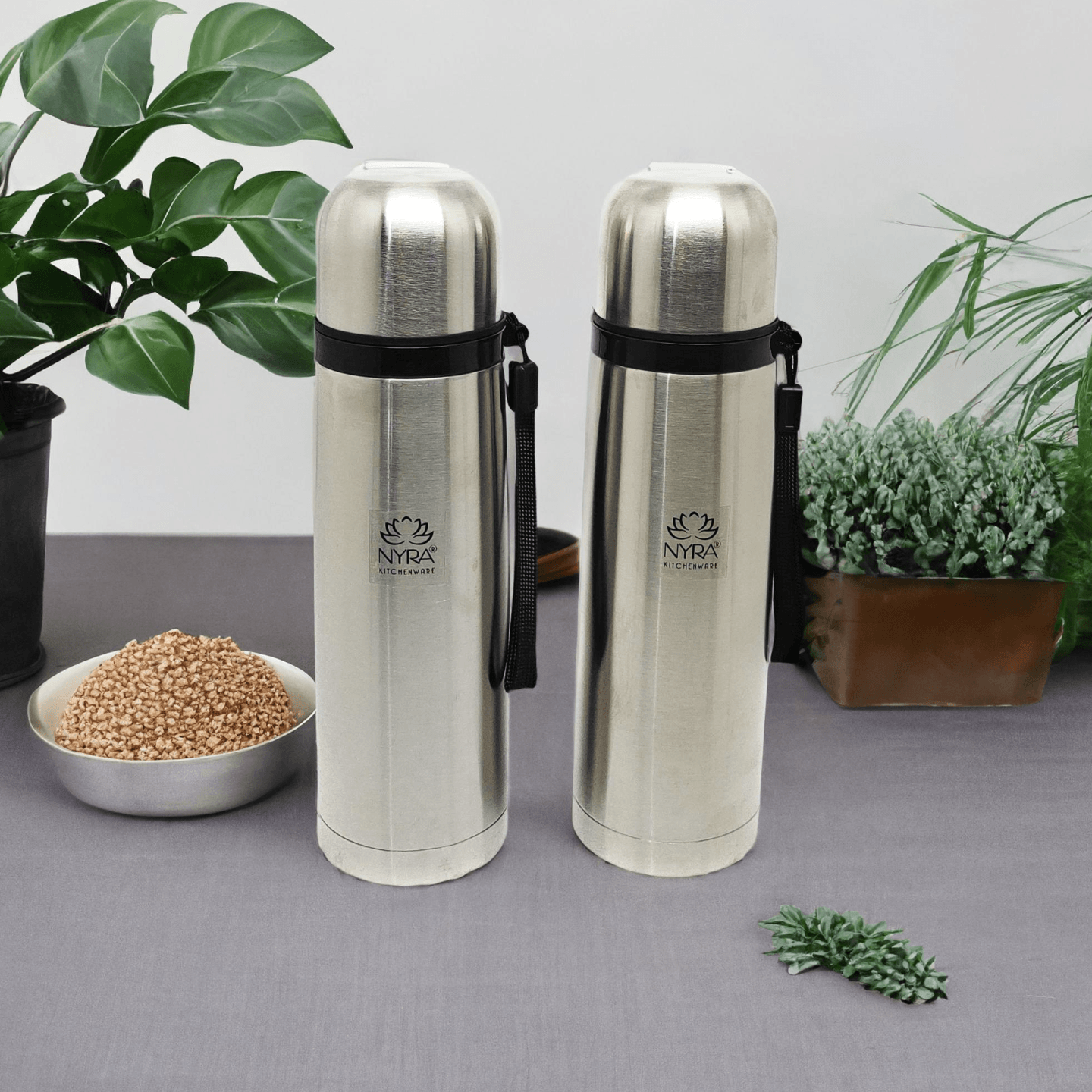 Nyra Stainless Steel Double  Walled Insulated Flask Set of 2 Pcs, Water Bottle Keeps Hot and Cold Flask Bottle Leak-Proof 500 ML Each, Silver