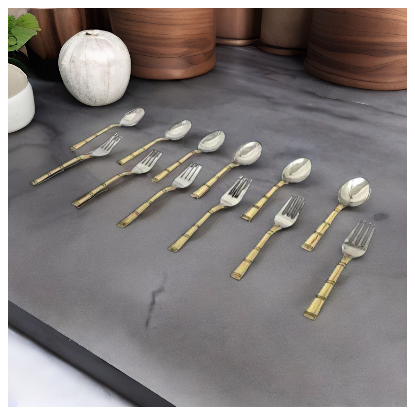 Nyra Stainless Steel Brass Set of 12 Pcs  6 Pcs Serving Spoons & 6 Pcs Forks, Traditional Indian Designed Tableware  Dinnerware, Kitchenware Utensil Cutlery  Kitchen Accessory