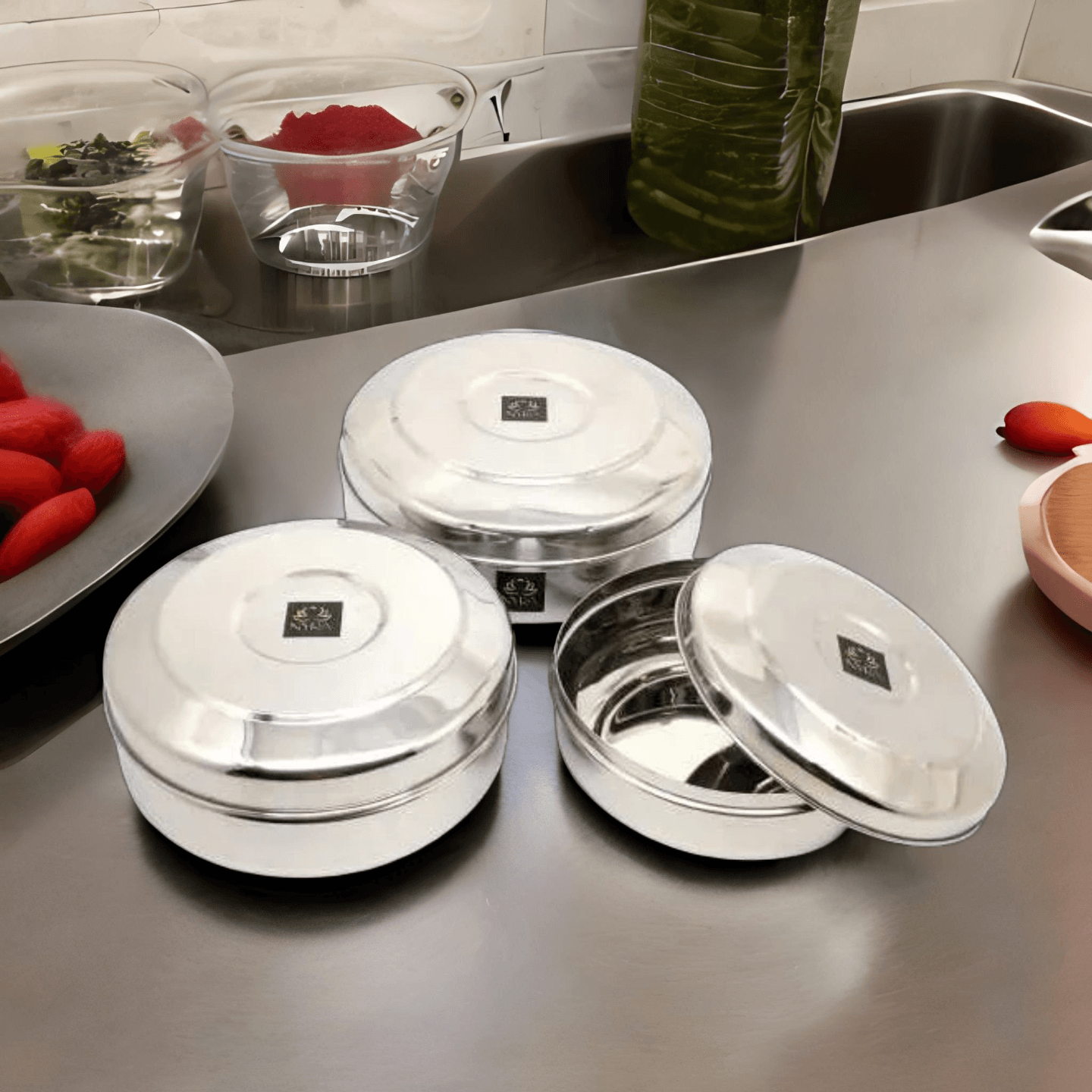 Nyra Stainless Steel Box for Chapati Dabba Round Canisters Puri Dabba  Kitchen Storage Containers Set of 3 Pcs, 1000ml, 1300ml, 1650ml Silver