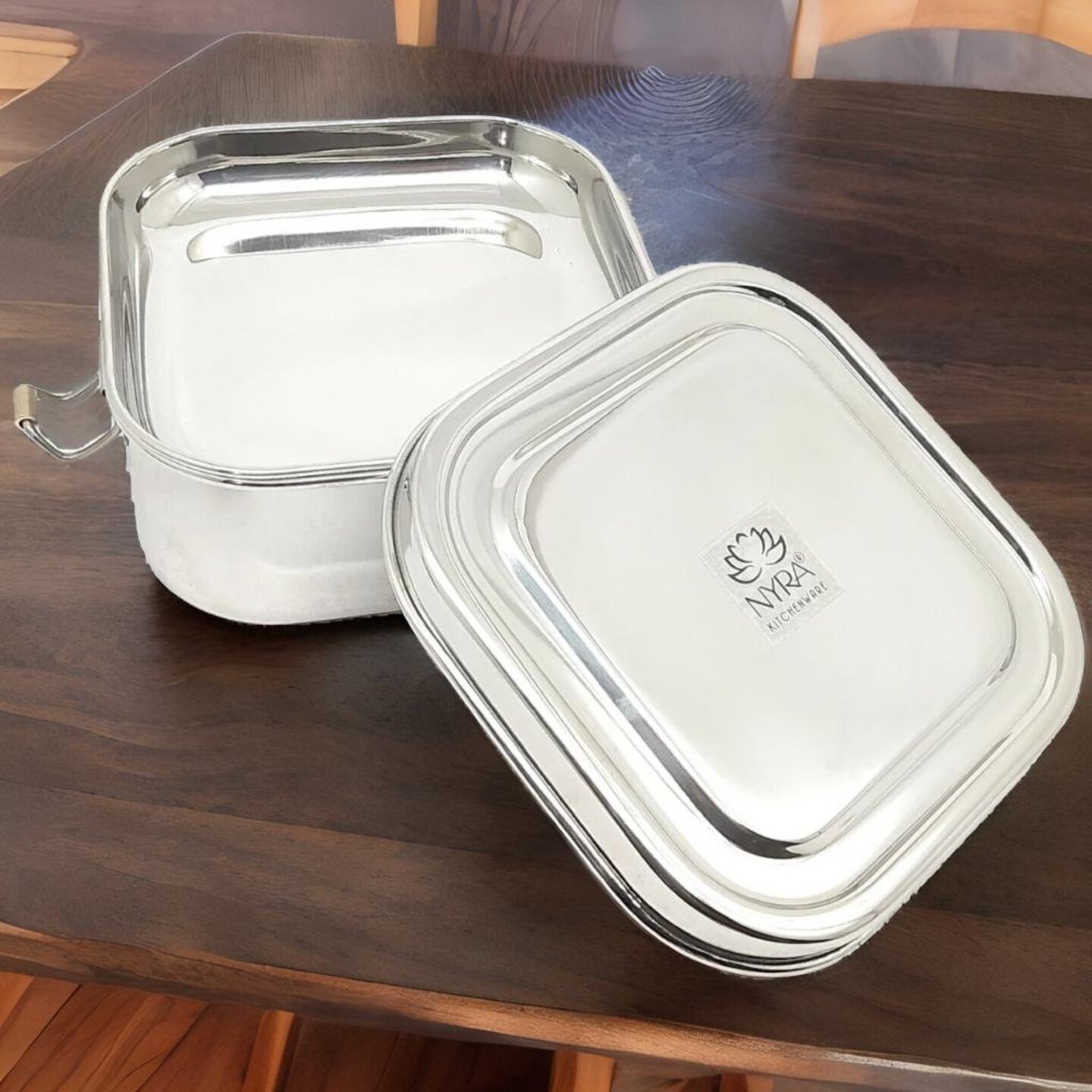 Nyra ® Stainless steel Double Decker tiffin box | Square Shaped with clip lid | Airtight Leakproof | Unbreakable | Dishwasher safe |