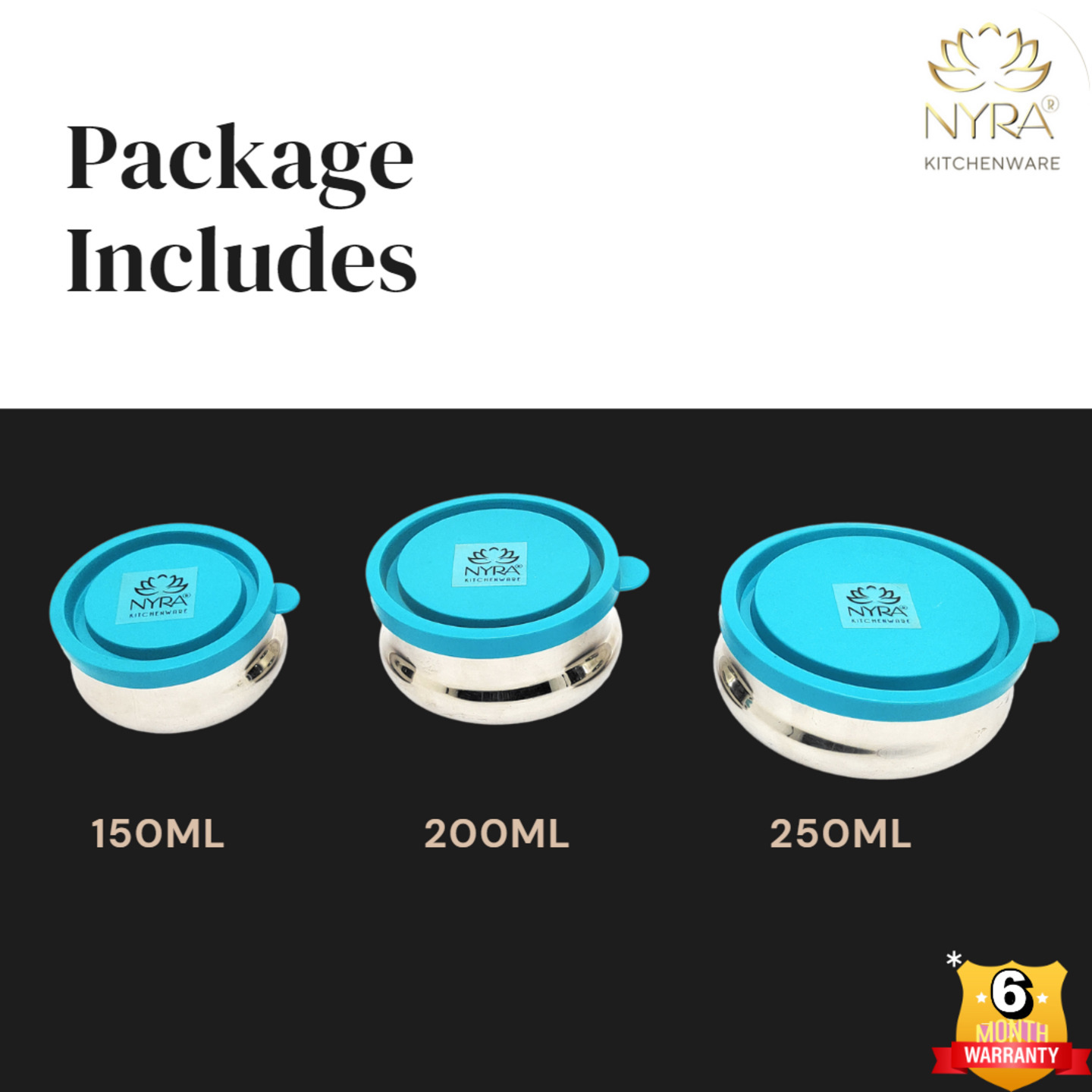 Nyra Stainless Steel Food Storage 3 Pcs Container Set 150 ML, 200 ML & 250 ML Utility Containers with Coloured Leak Proof Air Tight Plastic Lids Kitchen Lid Bowl Set 3 Pcs