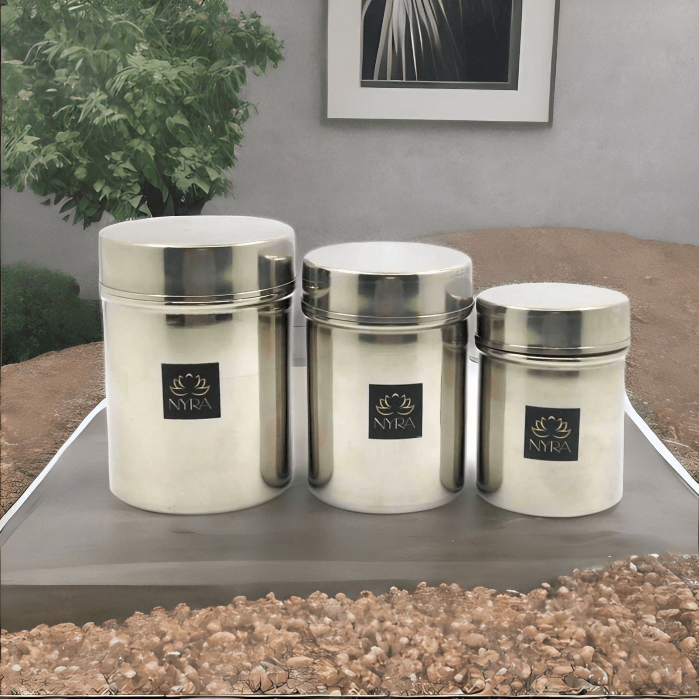 Nyra Stainless-Steel Cylindrical Shaped Deep Storage Box Containers DibbaDubba Set of 3 capacity from 300 ML to 600 ml