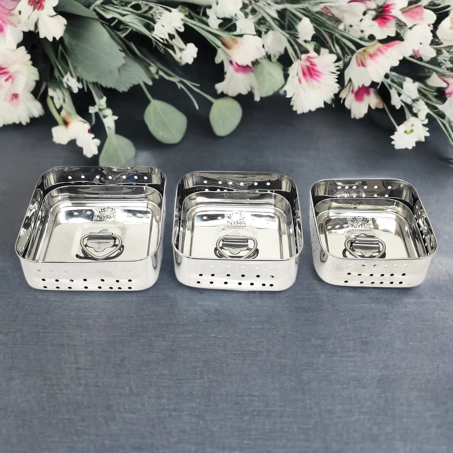 Nyra Stainless Steel Square Shaped Paneer MakerMouldStrainer Set of 3 Pcs with Top Press Lid