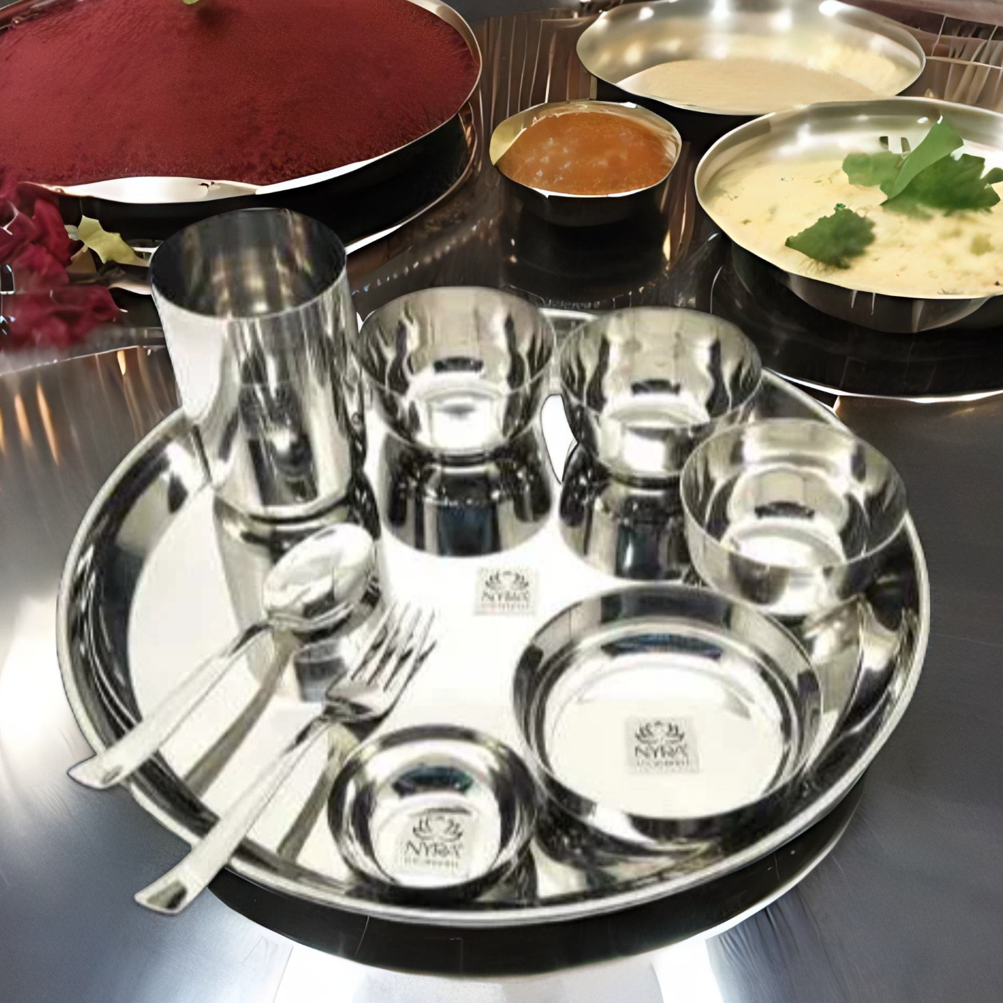Nyra Stainless Steel Premium ThaliDinner Set of 9-Pieces 1 Thali, 1 Glass, 1 Spoon, 1 Fork, 1 Pudding Bowl, 1 Mini Bowl &  3 Bowls, Dinnerware  Tableware, Silver