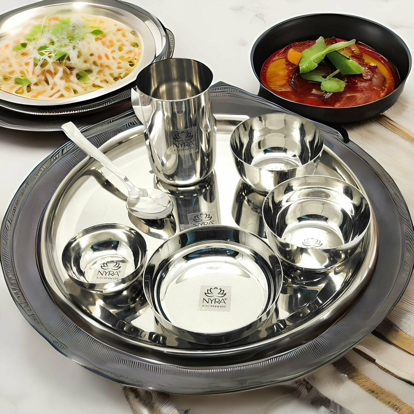 Nyra Stainless Steel Premium ThaliDinner Set of 7-Pieces 1 Plate, 1 Glass, 1 Spoon, 1 Pudding Bowl, 1 Mini Bowl & 2 Bowls Dinnerware  Tableware, Silver