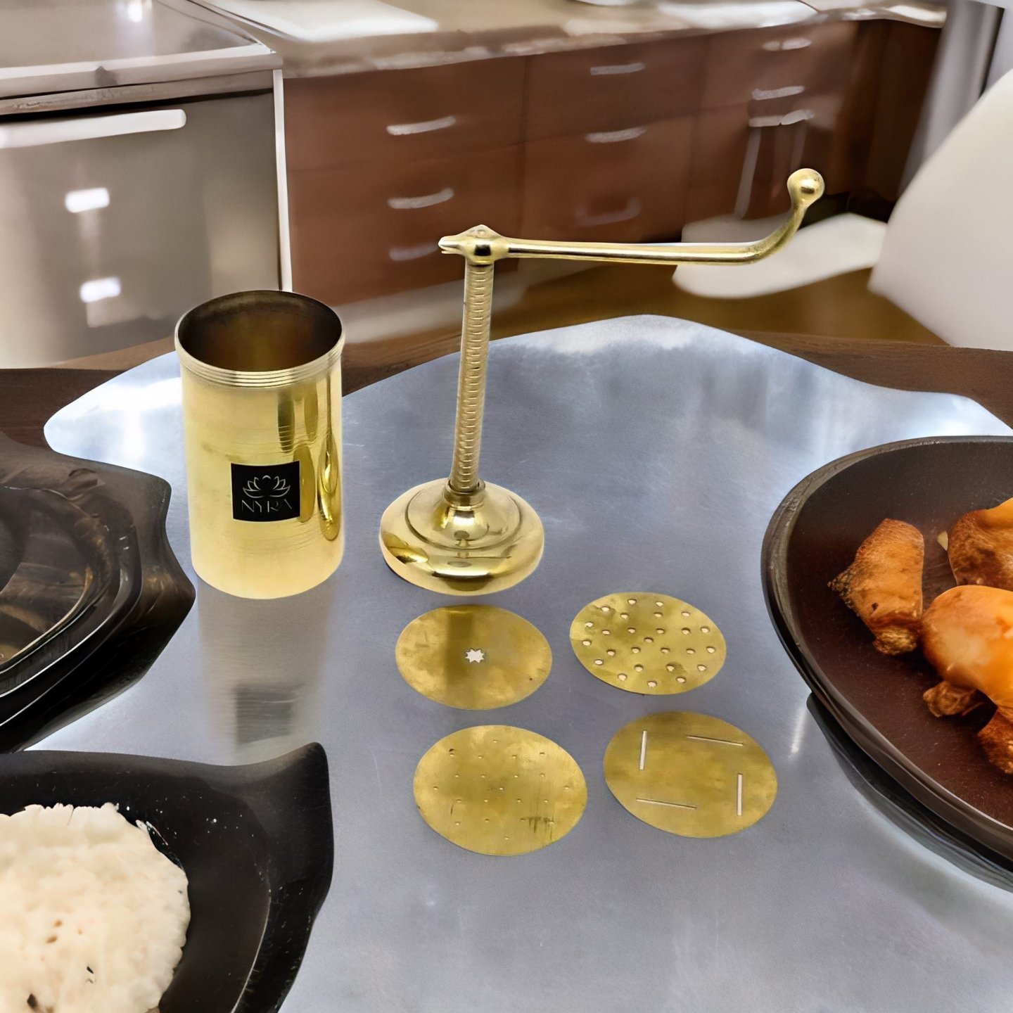 Nyra BrassPeetal Sev Sancha  Kitchen Press Maker Chakli IdiyappamMurukkuJanthikulu Gathiya Bhujiya Farsan Snacks Maker Machine with 4 Different Jali