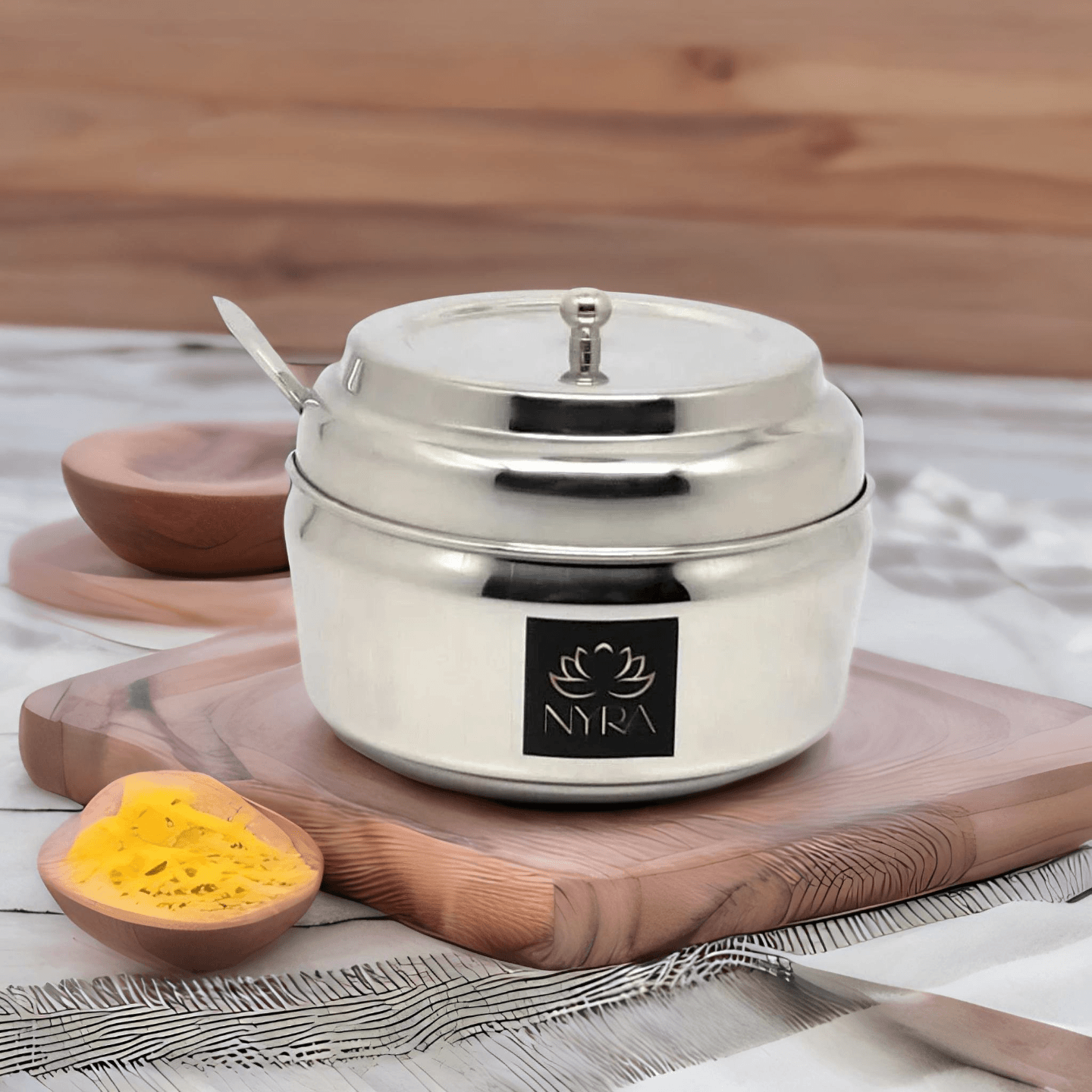 Nyra Stainless Steel Ghee PotJar Oil Container with Spoon and lid, Kitchen Storage Container Ghee Dani For Puja, Pickle Container