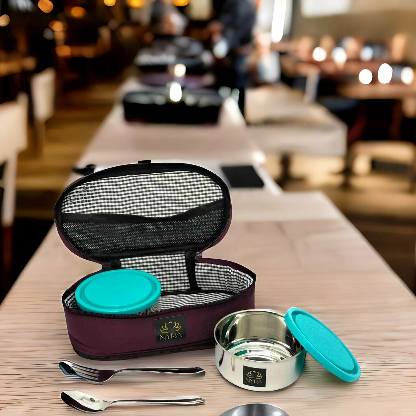 Nyra Stainless Steel Lunch Tiffin Box with Bag for Office use, Student, Women, Men - 2 Leak Proof Stainless Steel Meal Containers with a spoon and fork and Insulated Fabric Bag