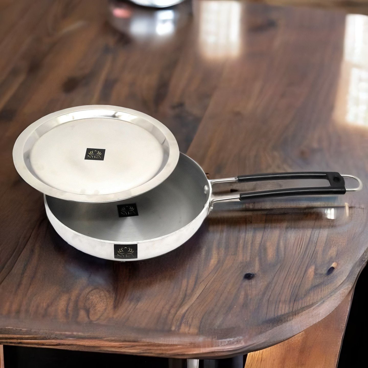 Nyra Aluminum Induction Fry Pan with stainless-steel lid & riveted PVC handle Swivel hook