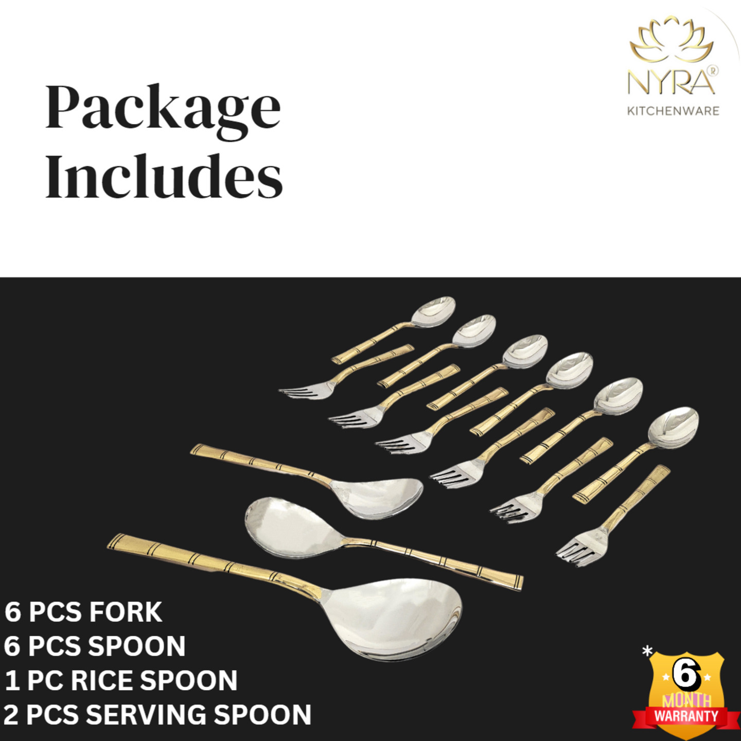 Nyra Stainless Steel Brass Set of 12 Pcs  6 Pcs Serving Spoons & 6 Pcs Forks, Traditional Indian Designed Tableware  Dinnerware, Kitchenware Utensil Cutlery  Kitchen Accessory