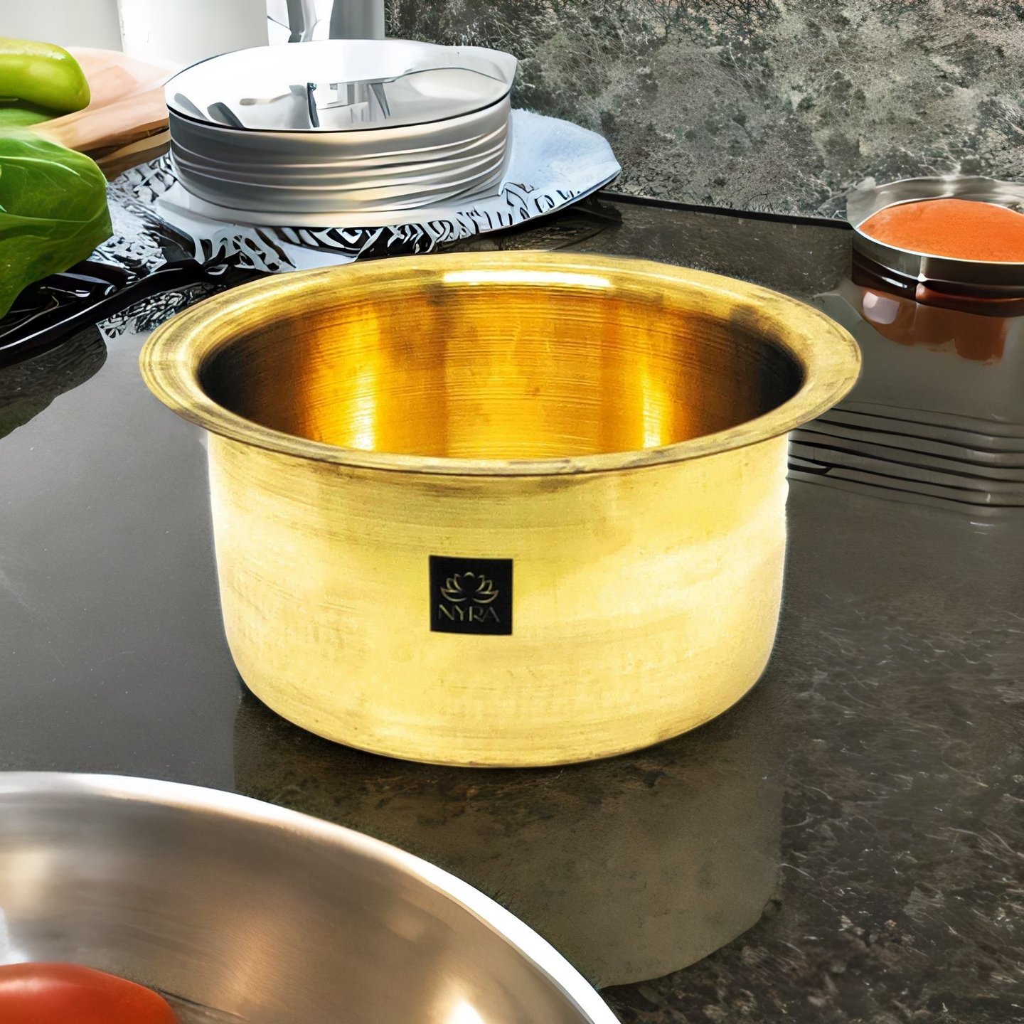 Nyra Pure BrassPeetal Round Heavy Bottom TapeliPatila TopeTopia Bhagona, Glossy finish Brass Cookware Pot, Golden