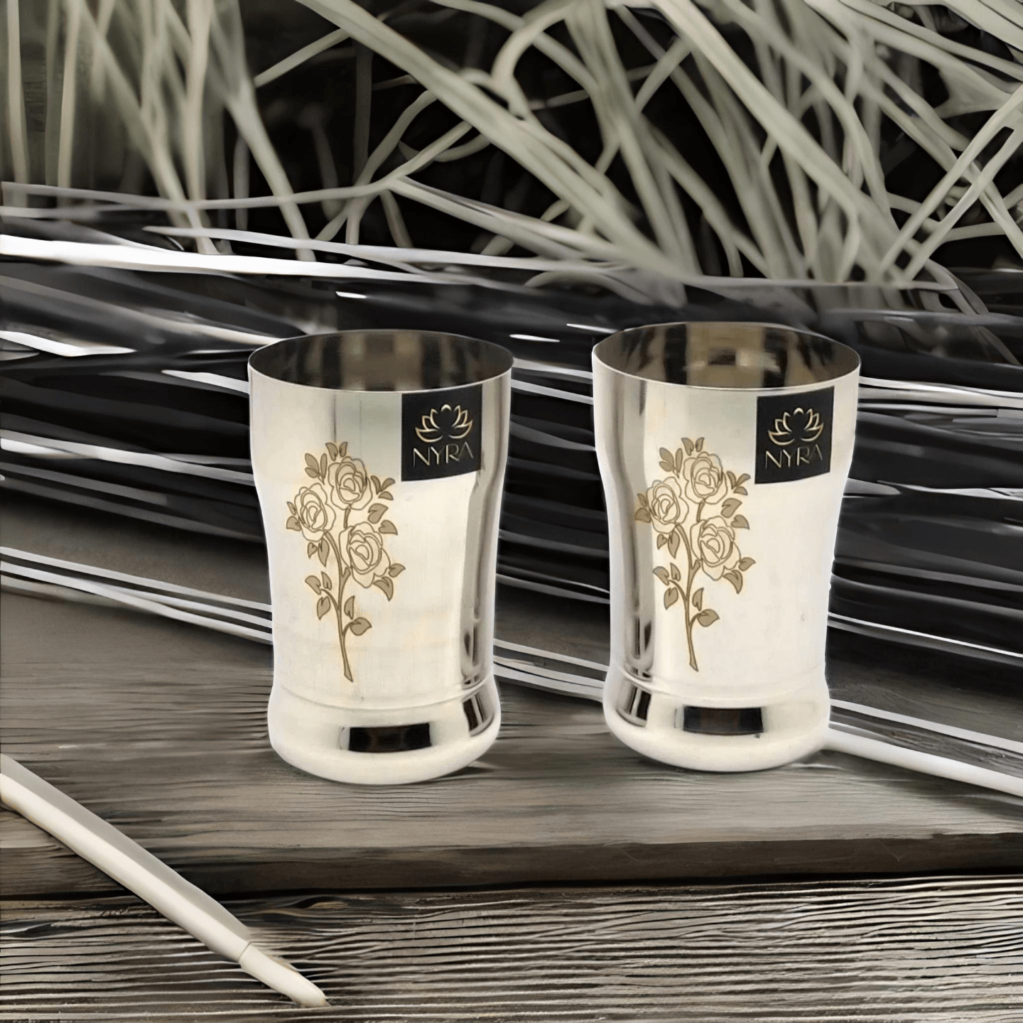 Nyra Stainless Steel Glass Tumbler for Water, Juice, Beverages with Permanent Laser Design, Heavy Gauge, 400 ML each