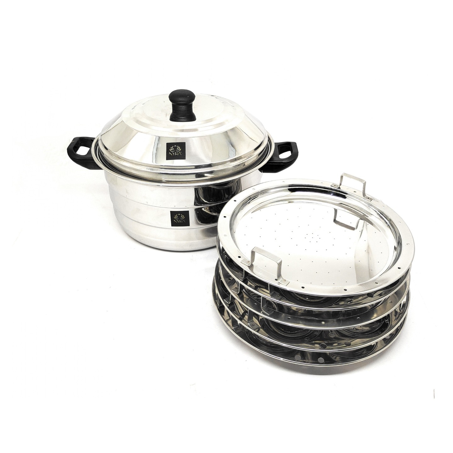 Nyra Stainless Steel Idly Cooker Pot with 3 Idly Plates 7 cavities each & 2 Steamer Dhokla Plates - Mirror Finish Multiplate Idli Maker, Gas Stove Compatible