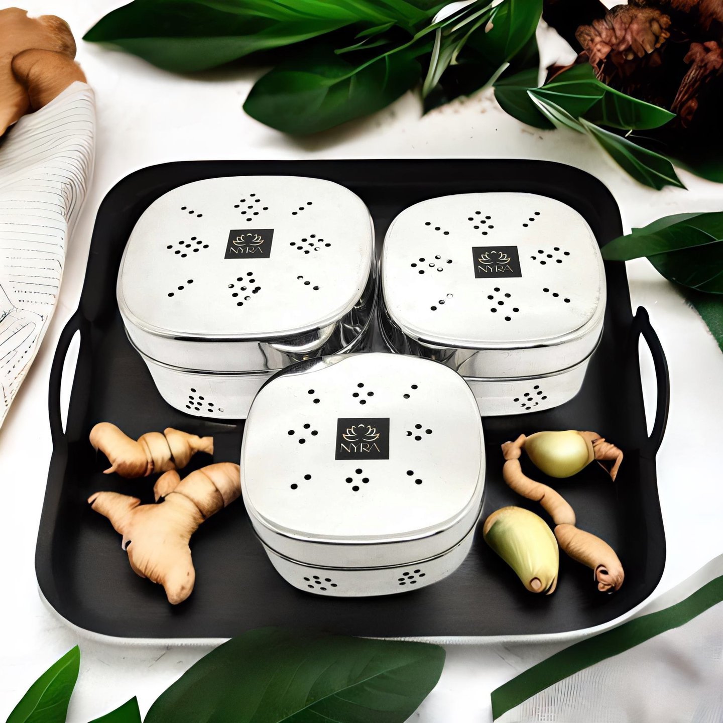 Nyra Stainless Steel Square Shaped Box For KothmirDhaniyaCoriander Multipurpose Storage Container DabbiDibbiDubba With Air Ventilation Holes  Set of 3 Pcs