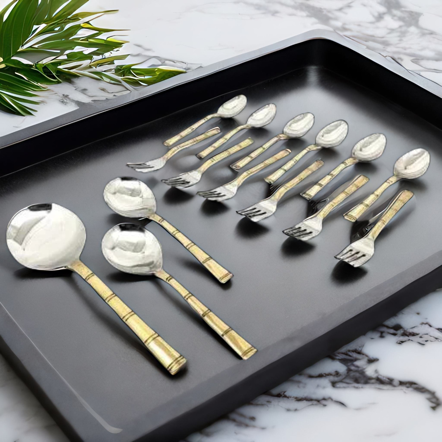 Nyra Stainless Steel Brass Traditional Designed Serving Kitchenware Utensil Cutlery Set of 15 Pcs  6 Spoons, 6 Forks, 2 Serving Spoons & 1 Rice Spoon, Homeware  Hotelware   Tableware  Dinnerware, Kitchen Accessories