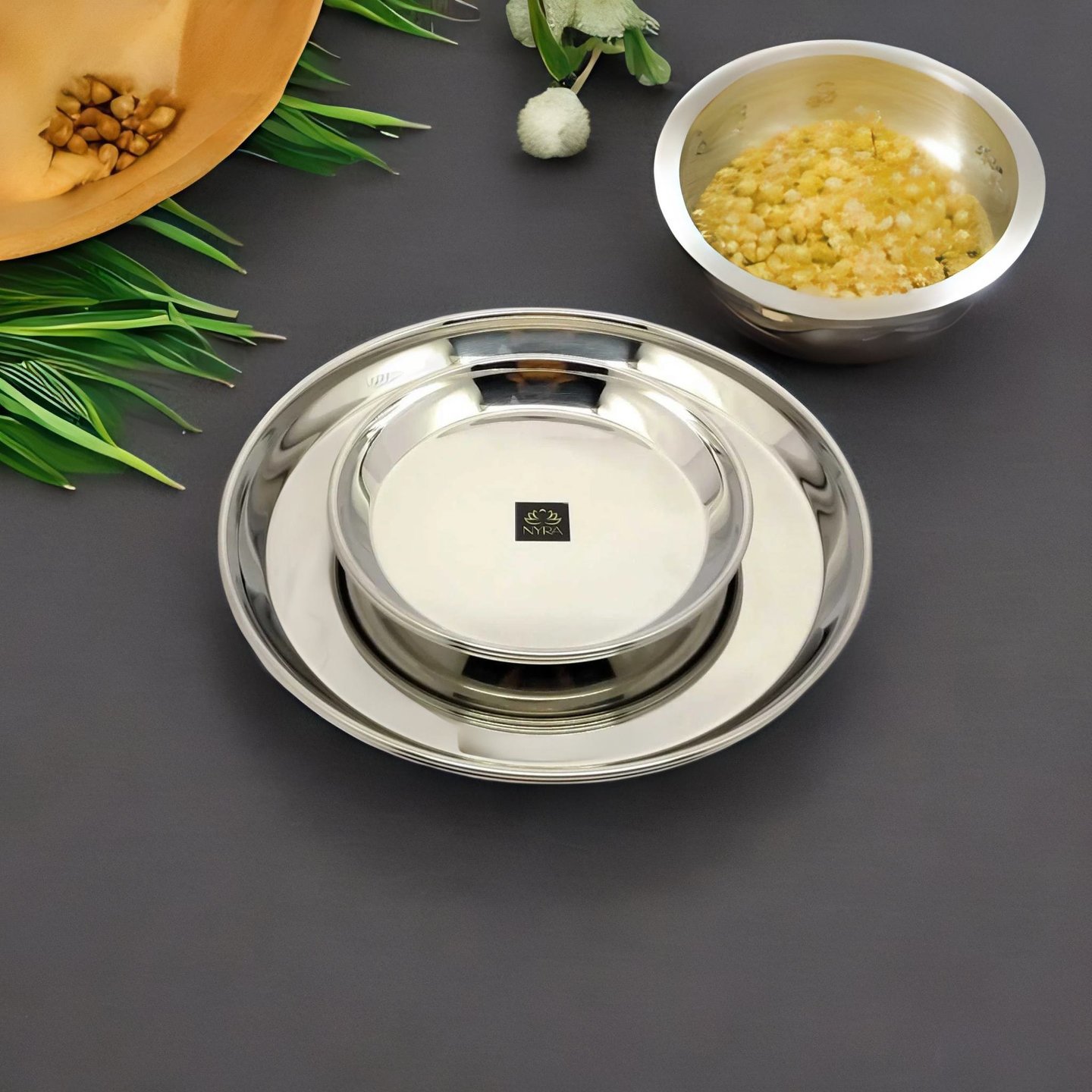 NYRA Stainless Steel Set of 12 Plates - 6 Full Size and 6 Quarter Plates with Glossy Outer Finish Set for LunchDinner