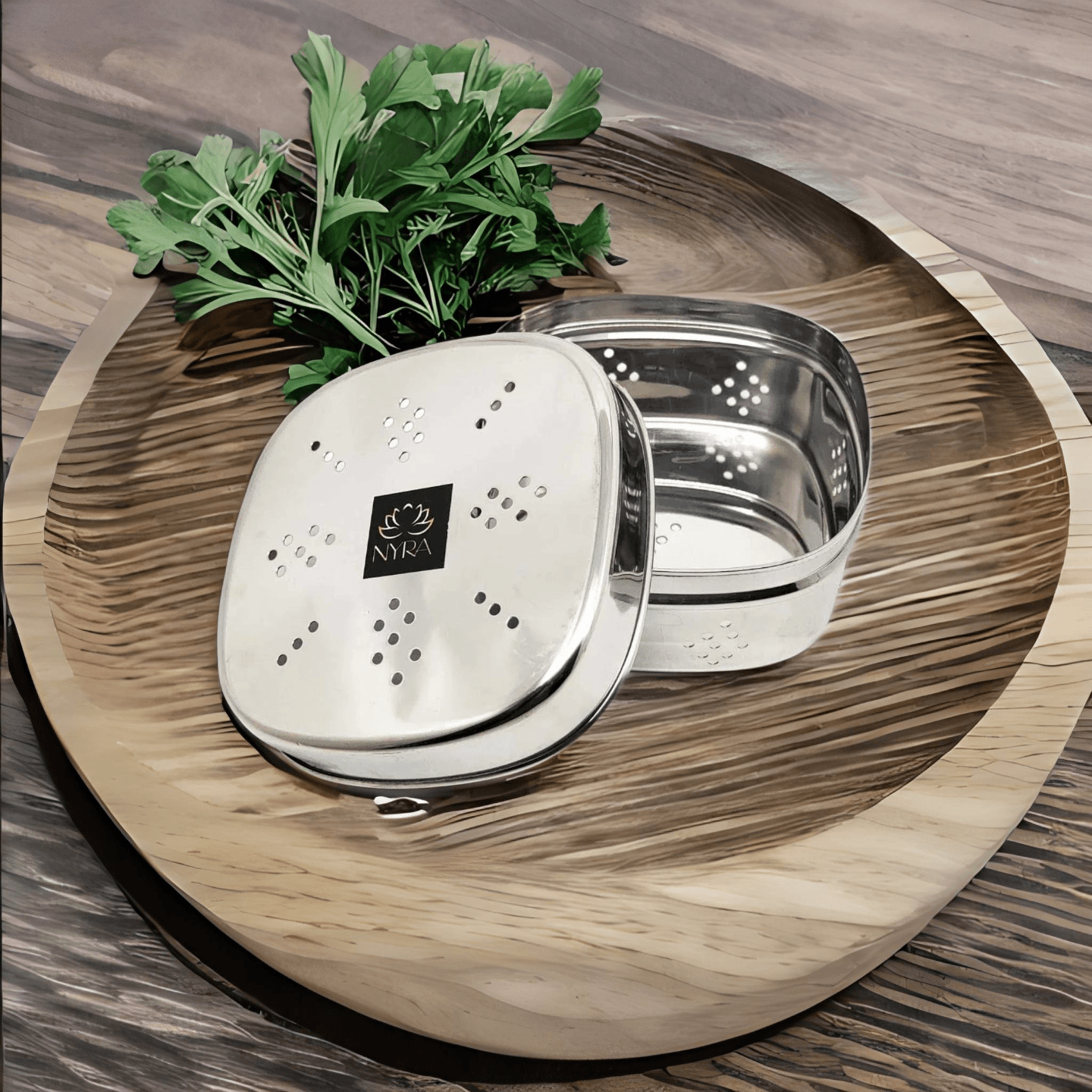 Nyra Stainless Steel Square Shaped Box For KothmirDhaniyaCoriander Multipurpose Storage Container DabbiDibbiDubba With Air Ventilation Holes