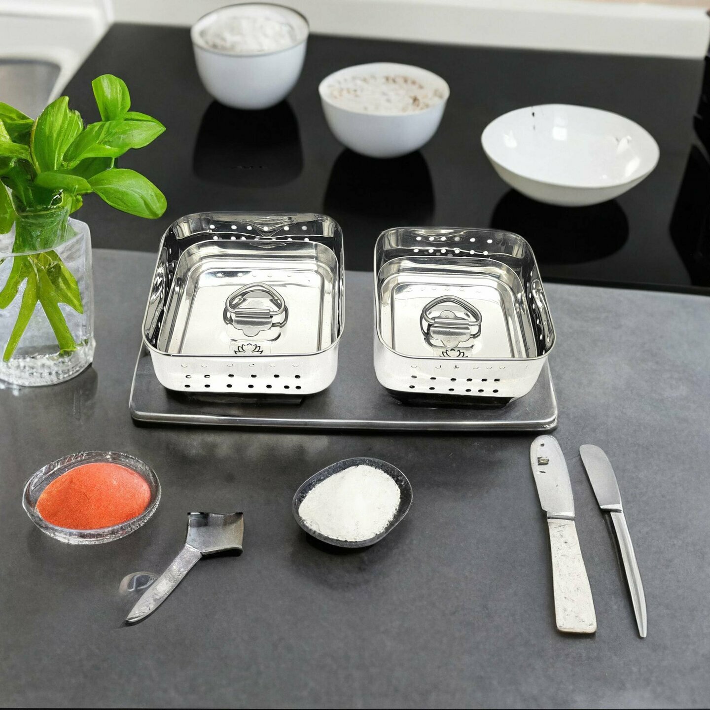Nyra Stainless Steel Square Shaped Paneer MakerMouldStrainer Set of 2 Pcs with Top Press Lid