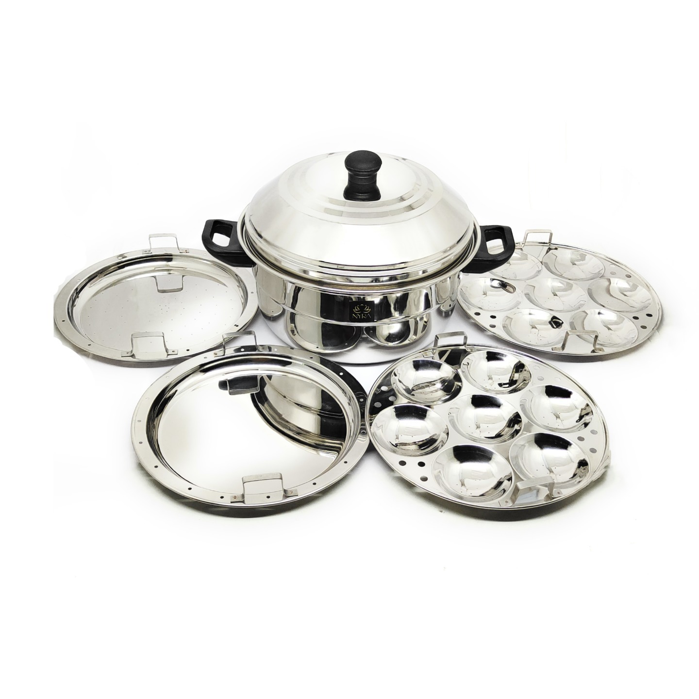 Nyra Stainless Steel Idly Cooker Pot with 2 Idly Plates 7 cavities each & 2 Steamer Dhokla Plates - Mirror Finish Multiplate Idli Maker, Gas Stove Compatible