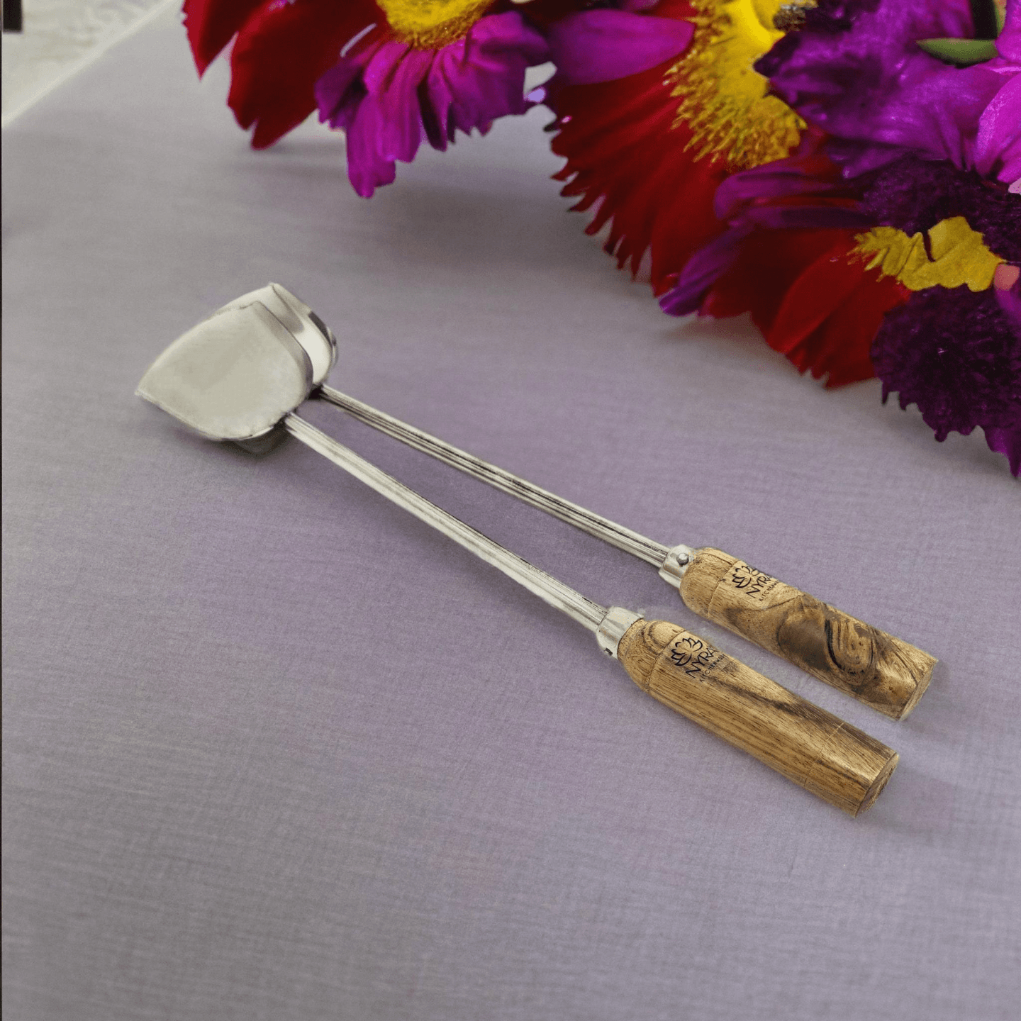 Nyra Stainless Steel Chinese SpatulaPalta with Wooden Handle for comfortable grip, Vegetable Shovel Plain Turner Set of 2 Pcs Perfect for Grilling, Scraping, Flipping- Kitchen Tools  Hotel, Restaurant Ware