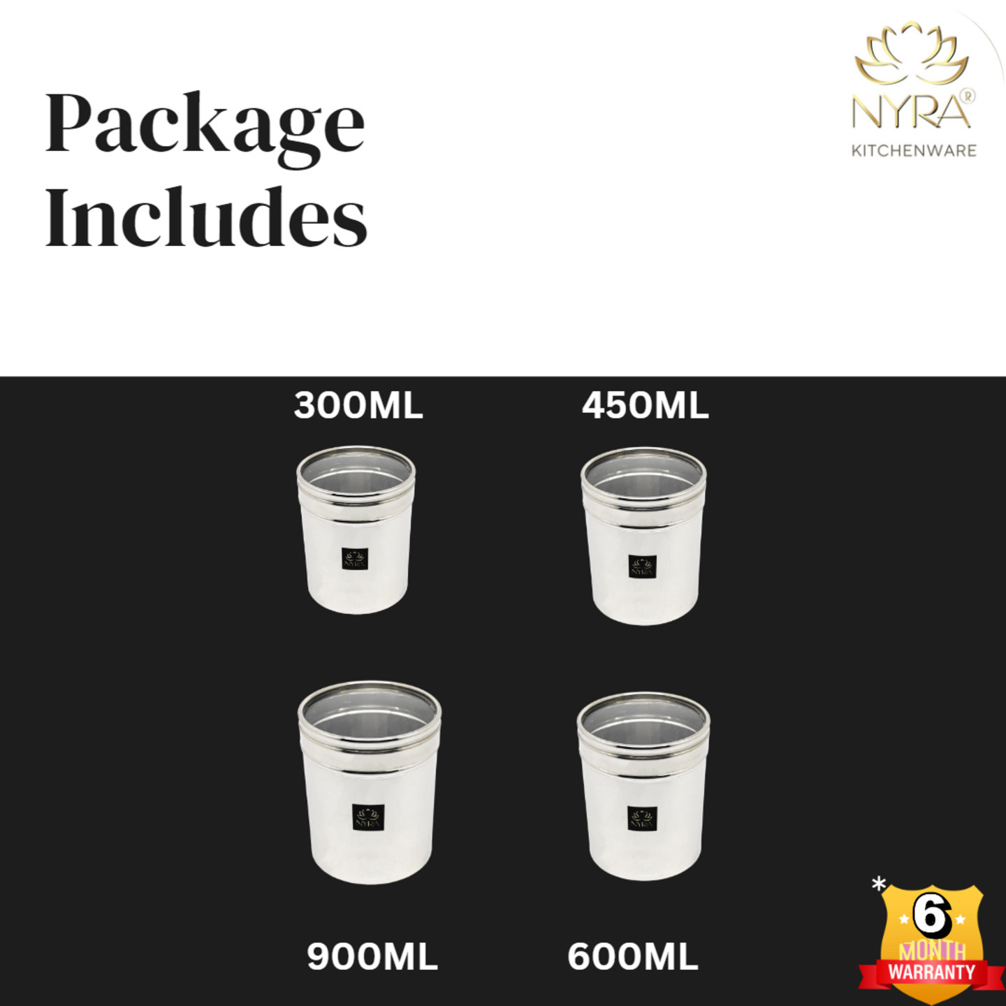 Nyra Stainless Steel Set of 4 Pcs Multipurpose ContainersCanisters For Kitchen Storage Vertical Jar Dabba with Transparent See through Lid - Ideal for Storing Rice, Cereal, Pulse, Snacks, Spices and other kitchen utilities