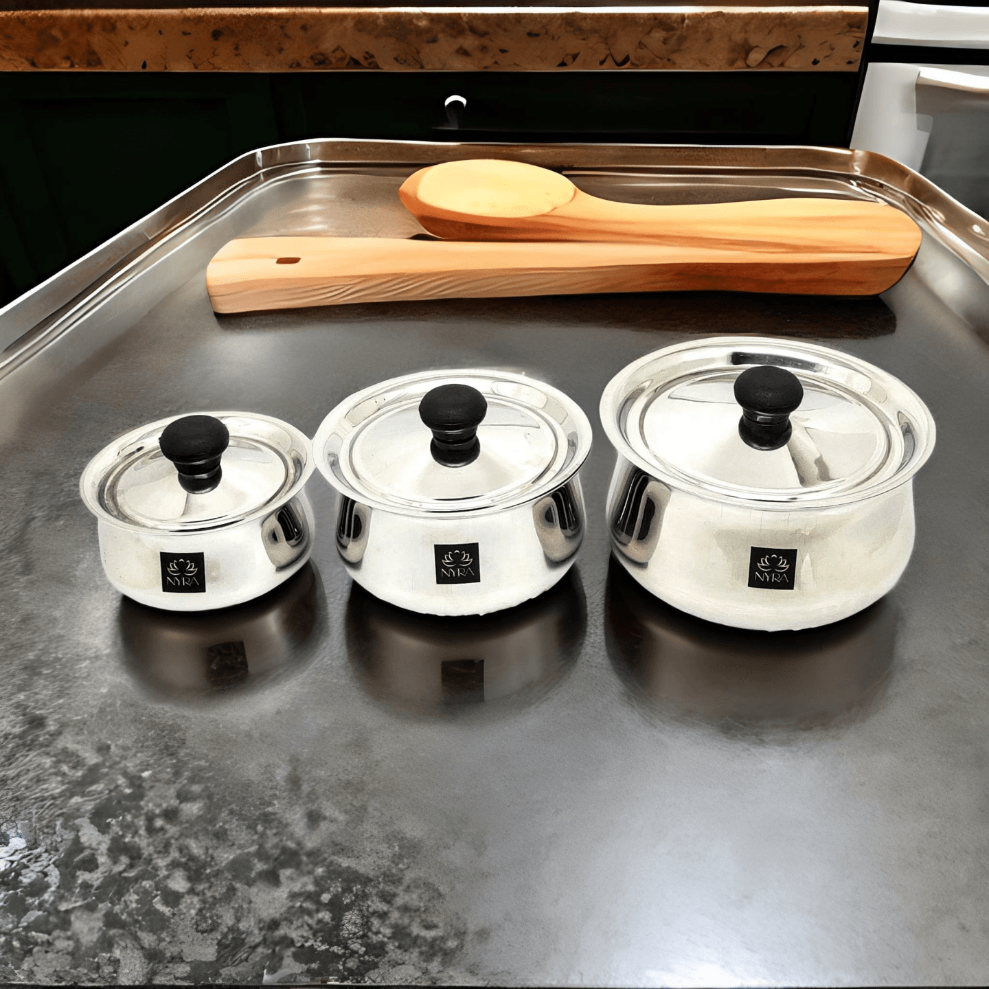 Nyra Stainless Steel Biryani Handi with Lid and PVC Knob  Set of 3 700 ML, 1.35 Ltr, 2.2 Ltr Cooking Handi for Hyderabadi Dum Biryani, Biryani Pot, Glossy Finish Tope, Patila Multipurpose Cooking Utensil for Kitchen