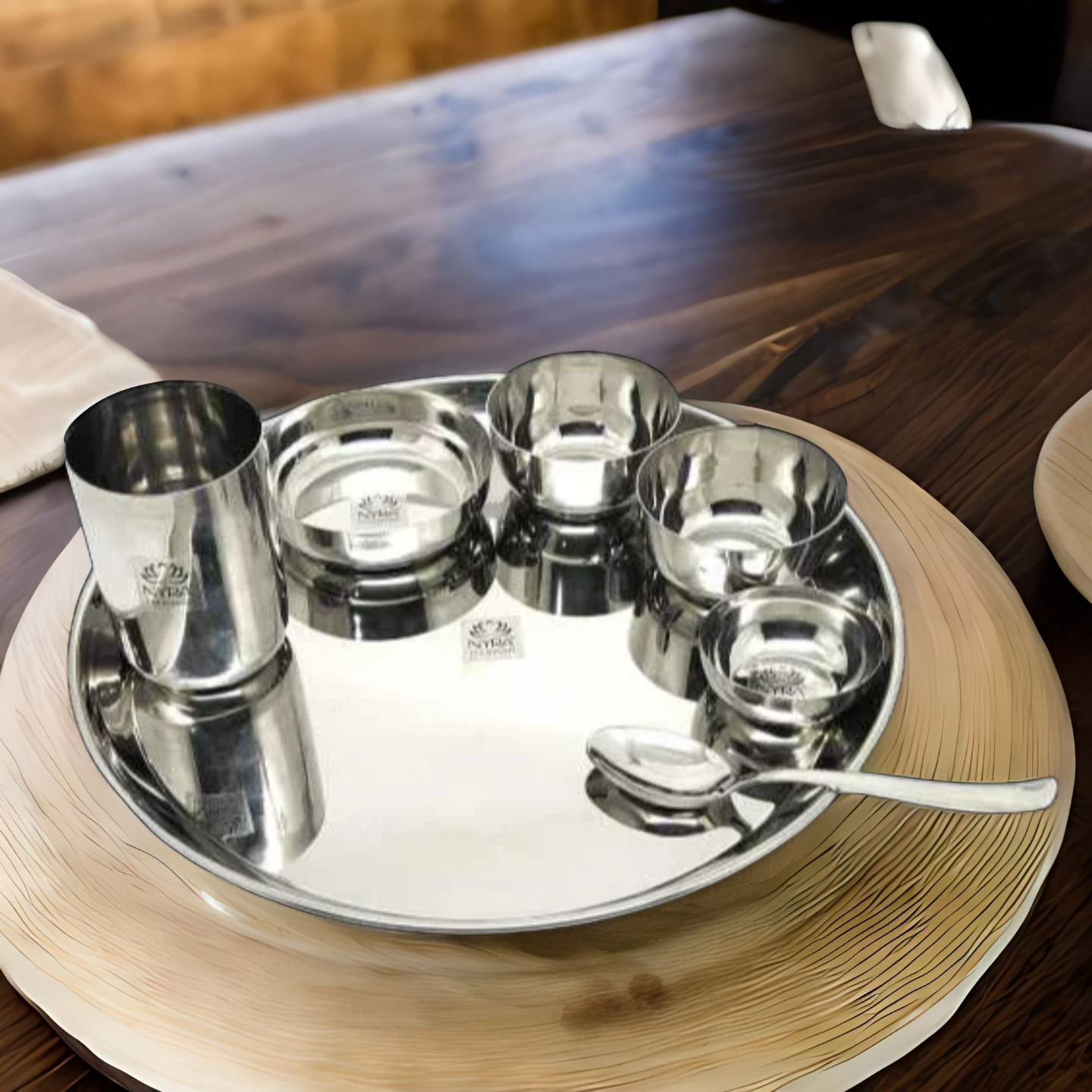 Nyra Stainless Steel Premium ThaliDinner Set of 7-Pieces 1 Thali, 1 Glass, 1 Spoon, 1 Pudding Bowl, 1 Mini Bowl &  2 Bowls Dinnerware  Tableware, Silver