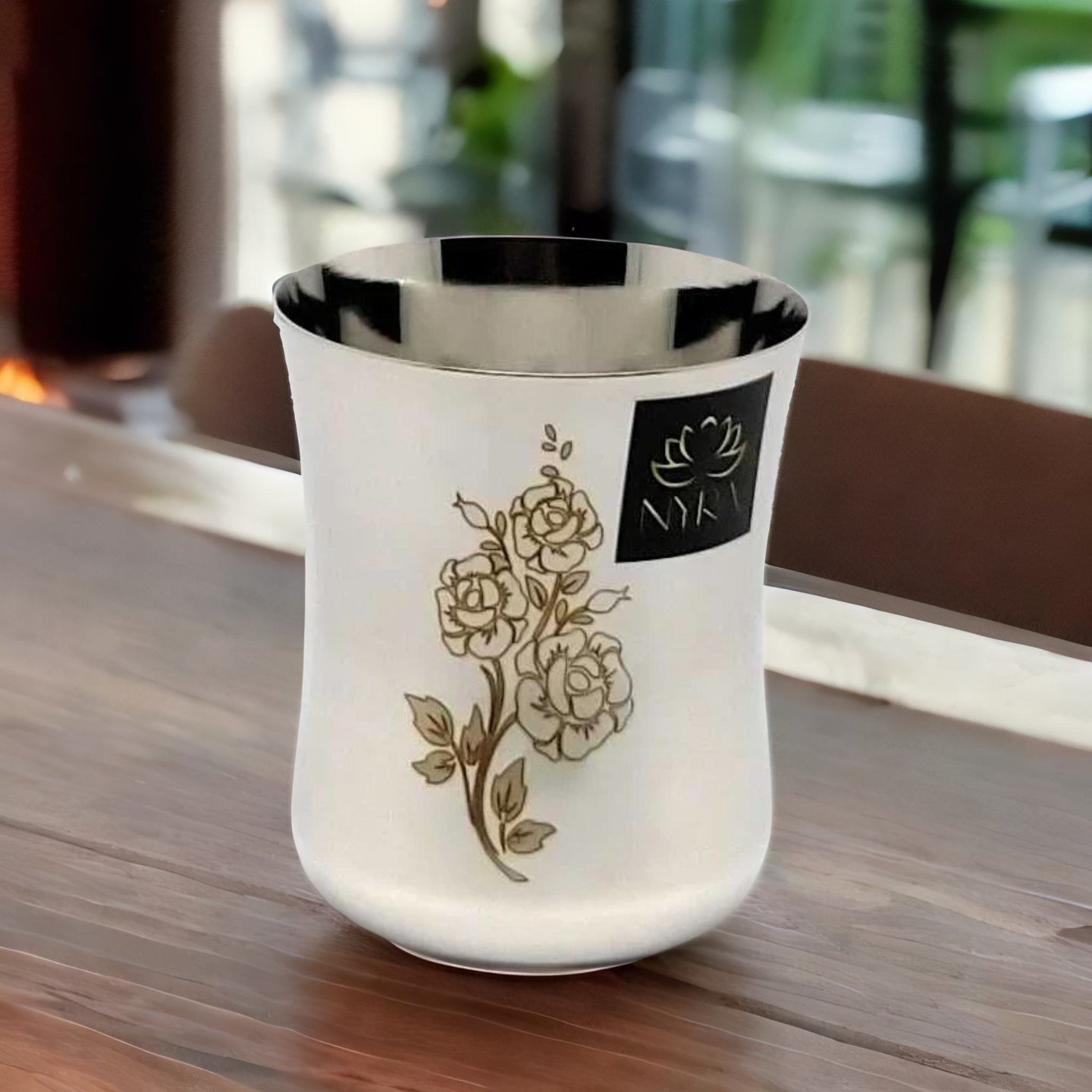 Nyra Stainless Steel Serving Drinking Glass Tumbler with Laser Floral Design for WaterMilk JuiceLassiLemonadeSoft DrinksBeverages  300 ML each
