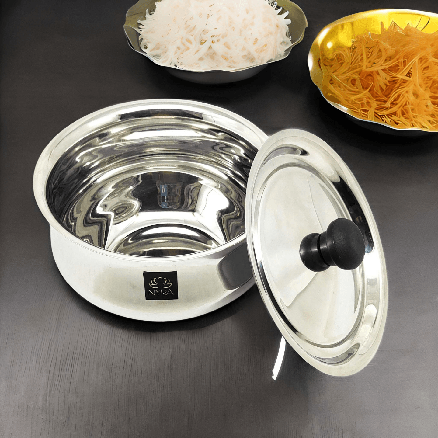Nyra Stainless Steel Pulao Handi with Lid and PVC Knob, Cooking Pot for Dum Biryani, Rice, Glossy Finish Tope, Patila Multipurpose Cooking Utensil for Kitchen