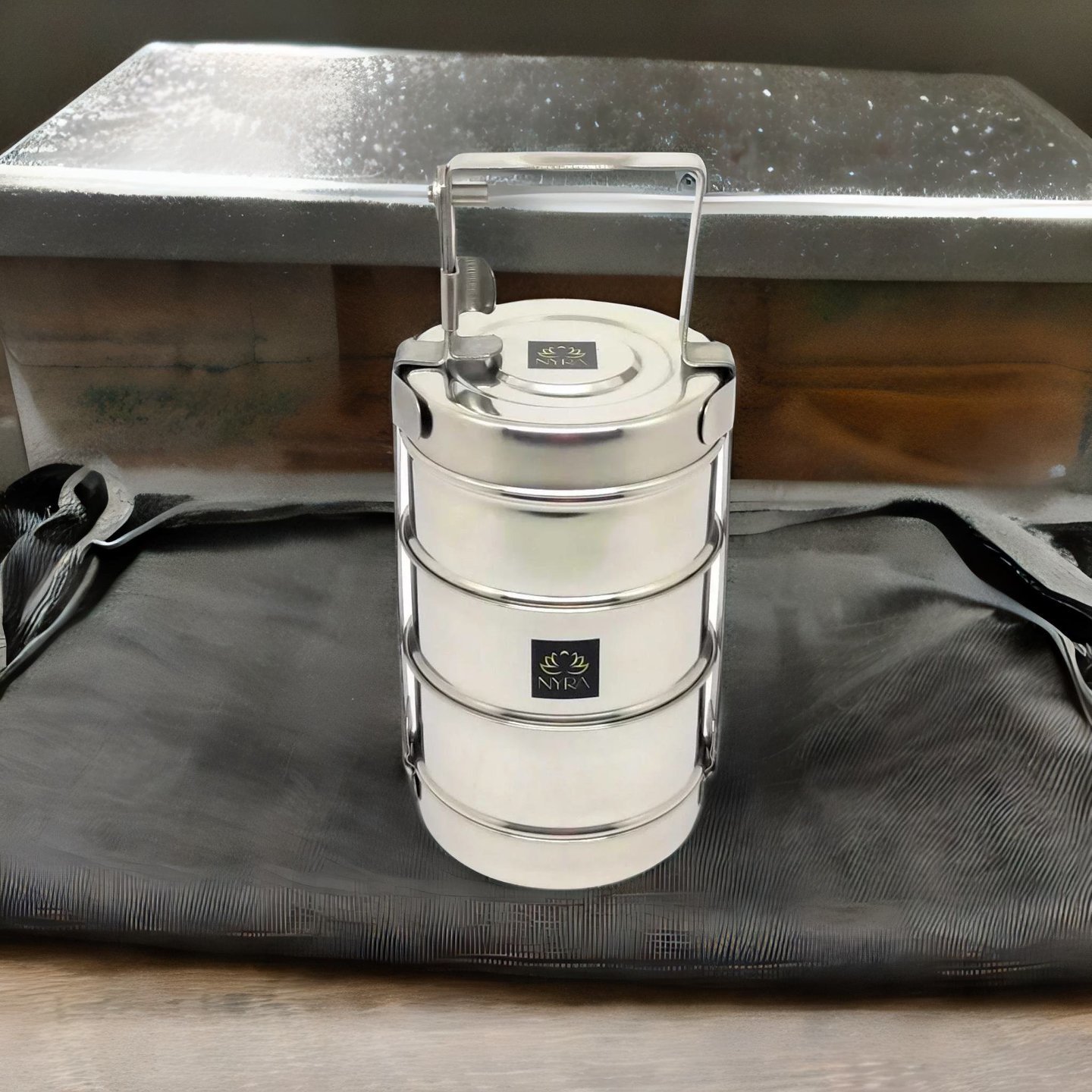 Nyra Stainless Steel Food Grade 3 Meal Containers TiffinLunch Box, Clip Carrier for SchoolOfficeCollege - Traditional Indian Meal Carrier