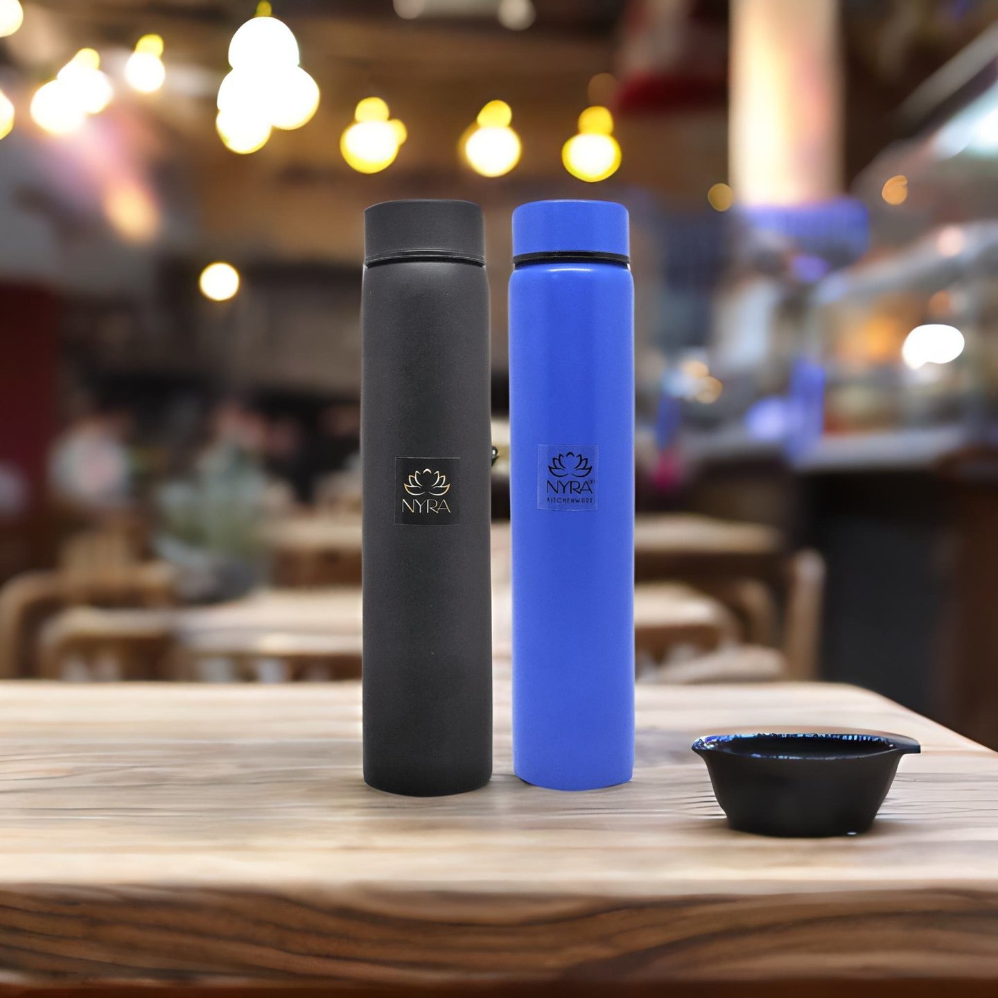Nyra Stainless Steel Set of 2 Pcs Black & Blue Pocket Water Bottle  450 ML Each Small & Slim Single Walled Water Flask Bottle for Outdoor Office and Indoor use Fridge for Drinking Water