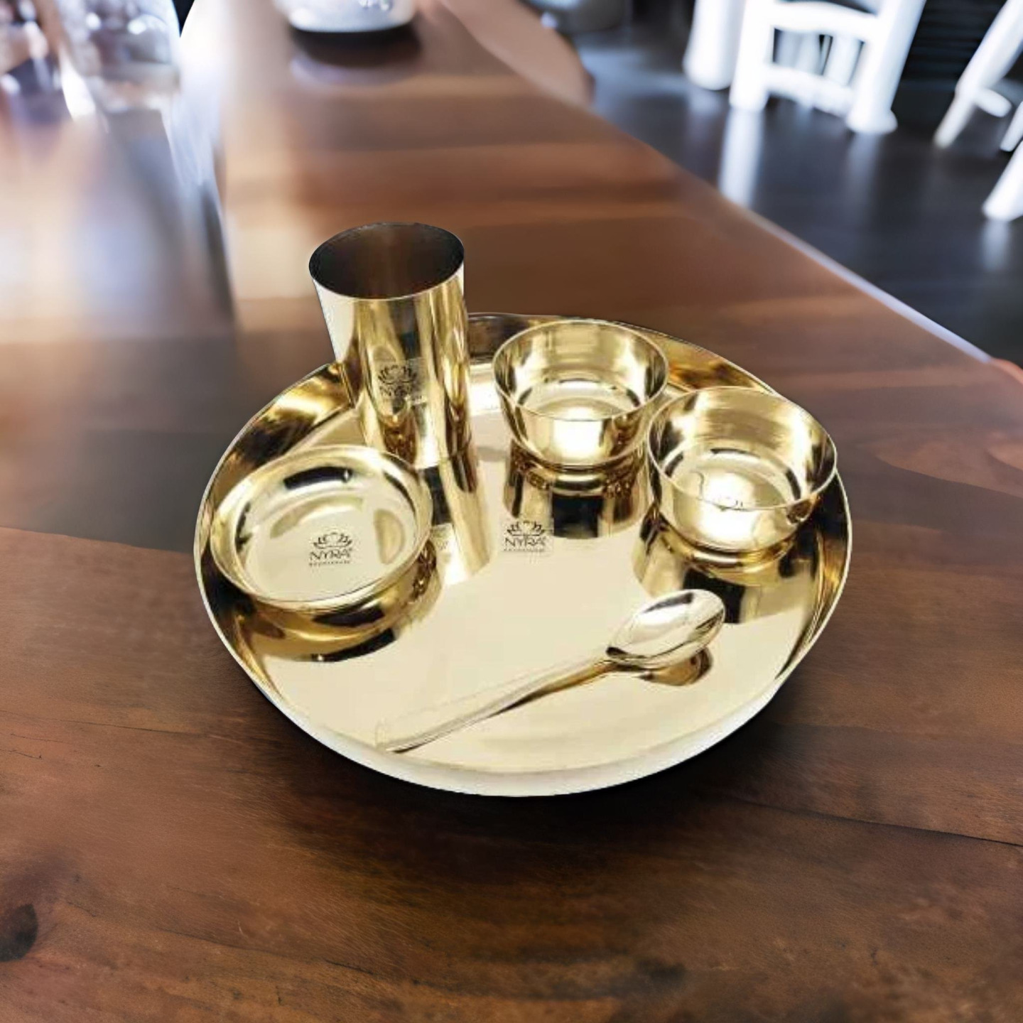 NYRA KansaPhool Organic Thali Set of 6 Pieces 1 Thali, 2 Bowls, 1 Pudding Plate, 1 Glass and 1 Spoon Semi-Handmade