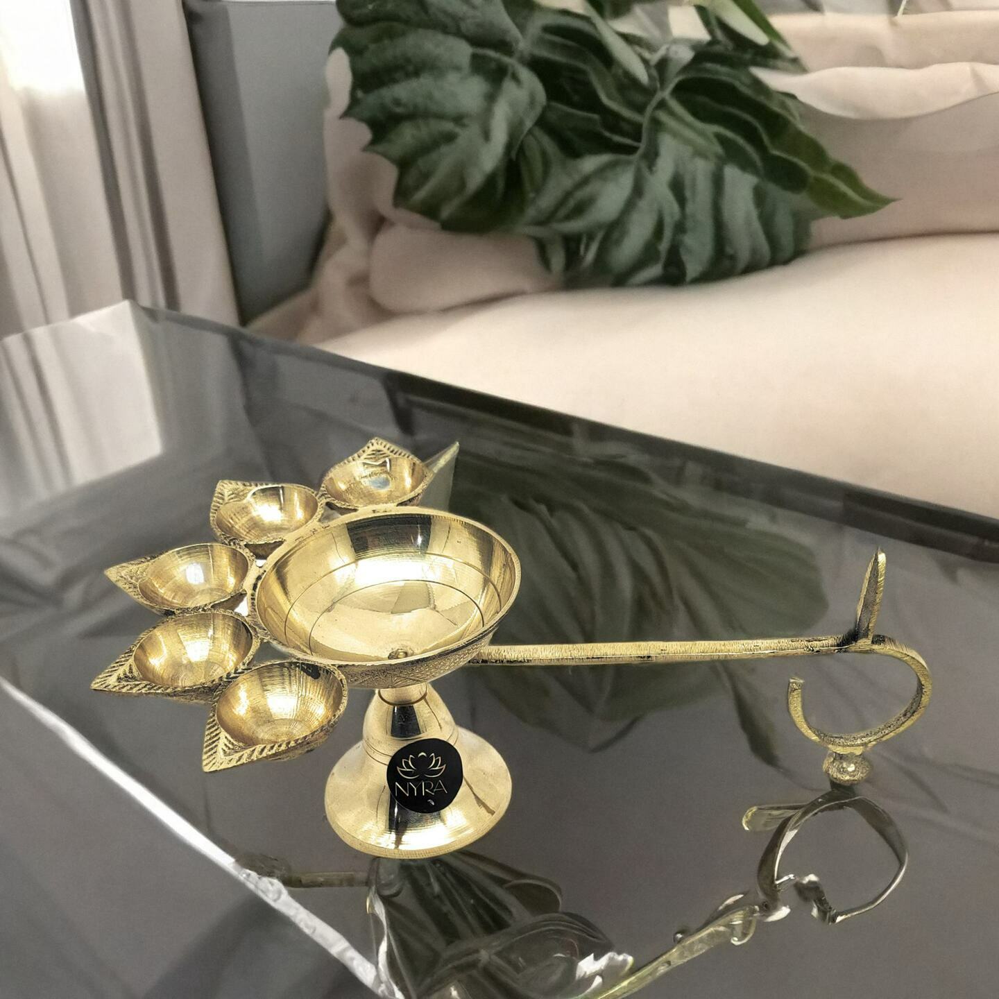 Nyra Pure BrassPeetal Panch Aarti Diya With Handle, Panchmukhi AartiJyoti for PujaFestivals at HomeOffice