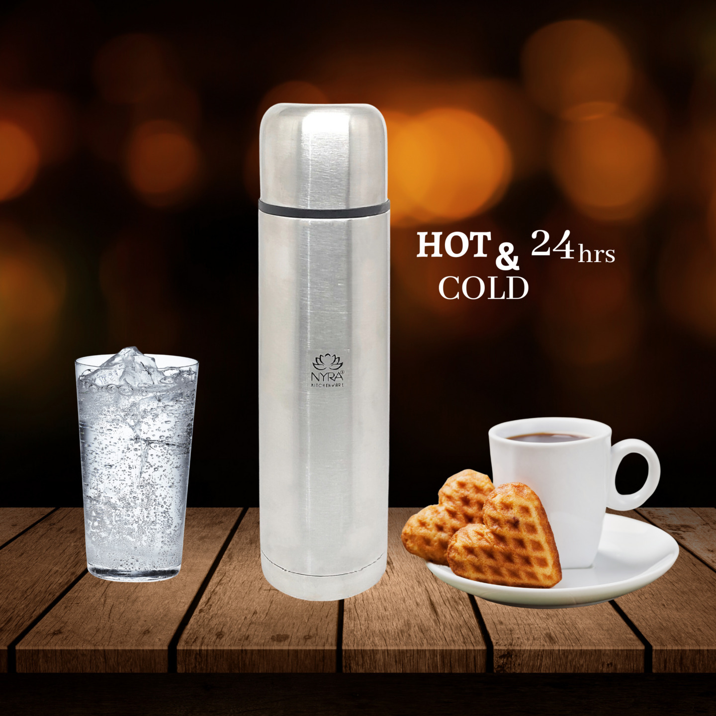 Nyra Stainless Steel Insulated Water Bottle with FlipPush Button Lid - Double Wall, Hot and Cold, 24 Hour Insulation