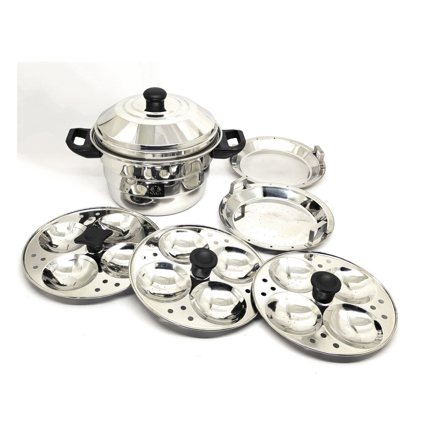 Nyra Stainless Steel Idly Cooker Pot with 3 Idly Plates 4 cavities each & 2 Steamer Dhokla Plates -Mirror Finish Multiplate Idli Maker, Gas Stove Compatible