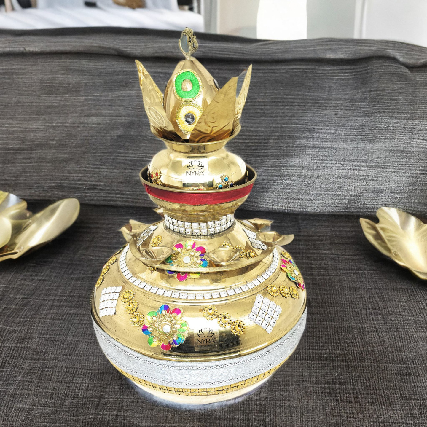 Nyra BrassPeetal Fancy Chamki Kalsha Set for WeddingDecorative Lota Narial Patta Designer Handcrafted for Puja Mangal Kalash Set