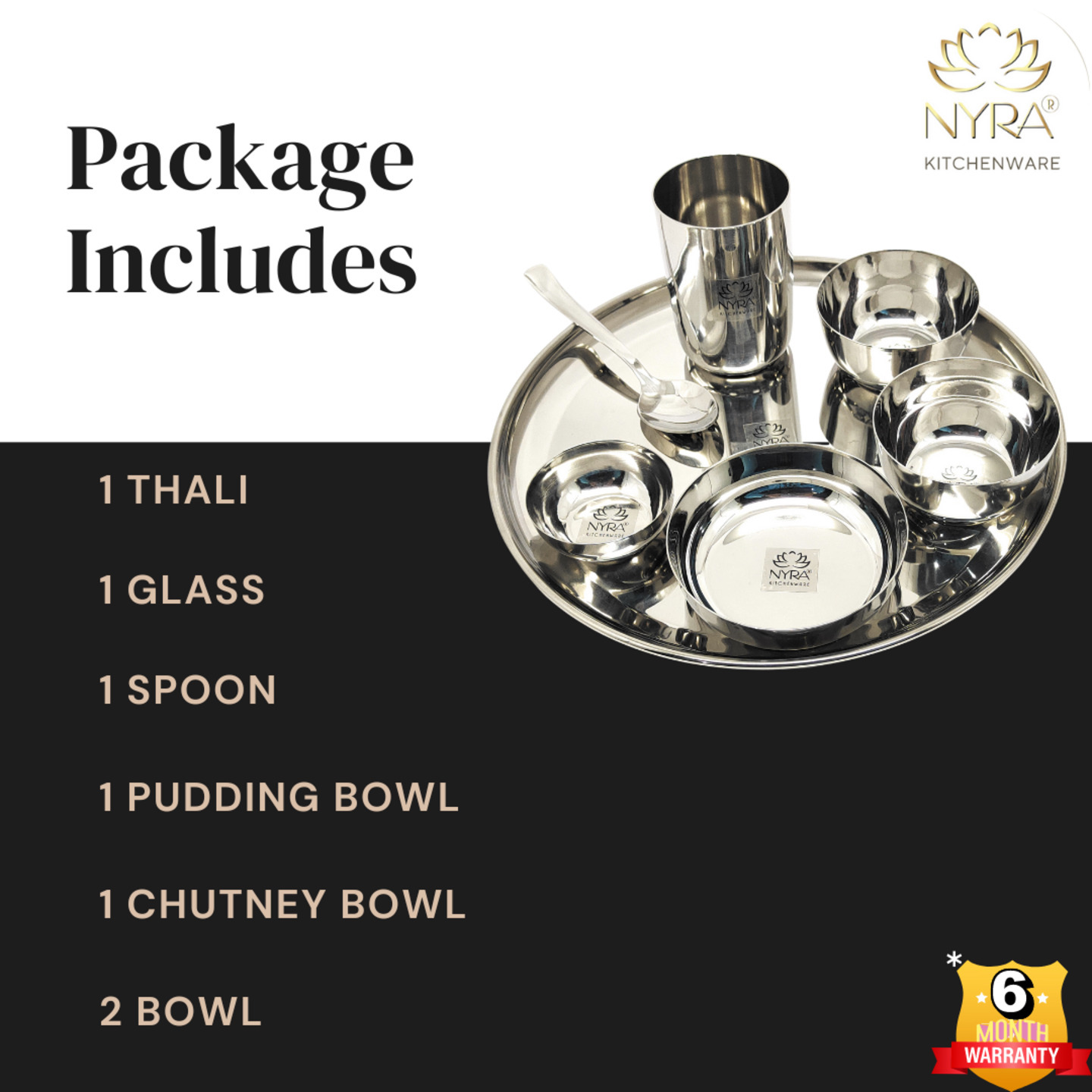 Nyra Stainless Steel Premium ThaliDinner Set of 7-Pieces 1 Thali, 1 Glass, 1 Spoon, 1 Pudding Bowl, 1 Mini Bowl &  2 Bowls Dinnerware  Tableware, Silver