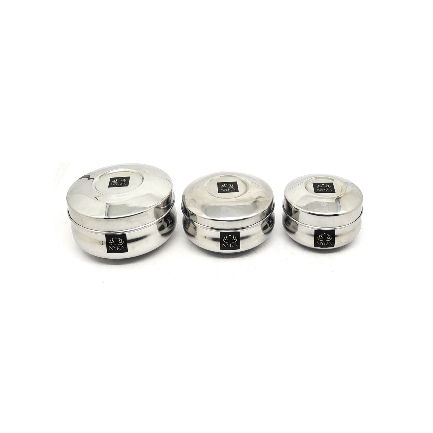 Nyra Stainless Steel Small Round ContainerBoxDabba Set of 3 Pieces -350 ML, 550 ML, 700 ML, with Lid - Kitchen Storage