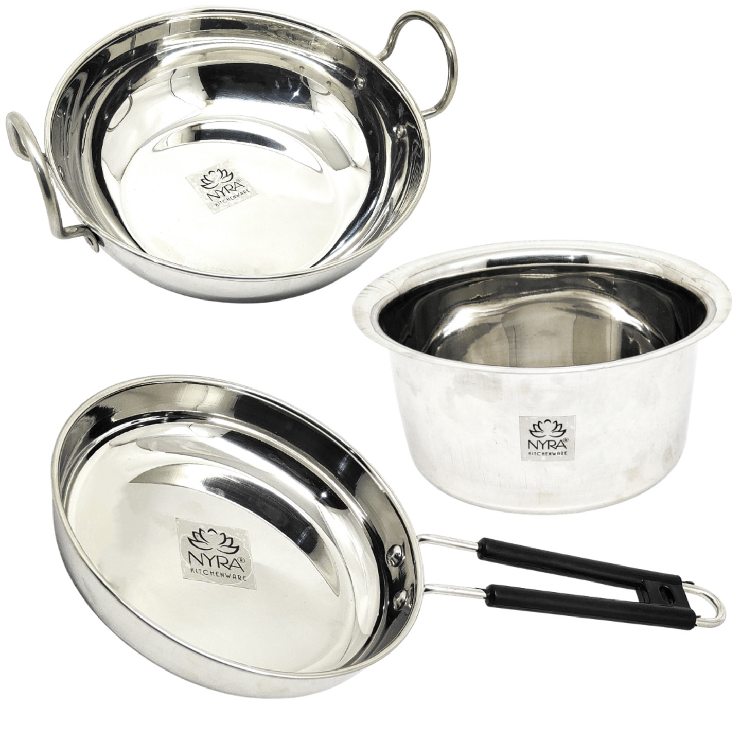 Nyra Stainless Steel Cookware Set of 3 Pieces - 1 Kadhai 2 Ltr, 1 Fry Pan 500 ML and 1 Bhagona 1.6 LtrInduction Base Kitchenware Cooking Essentials