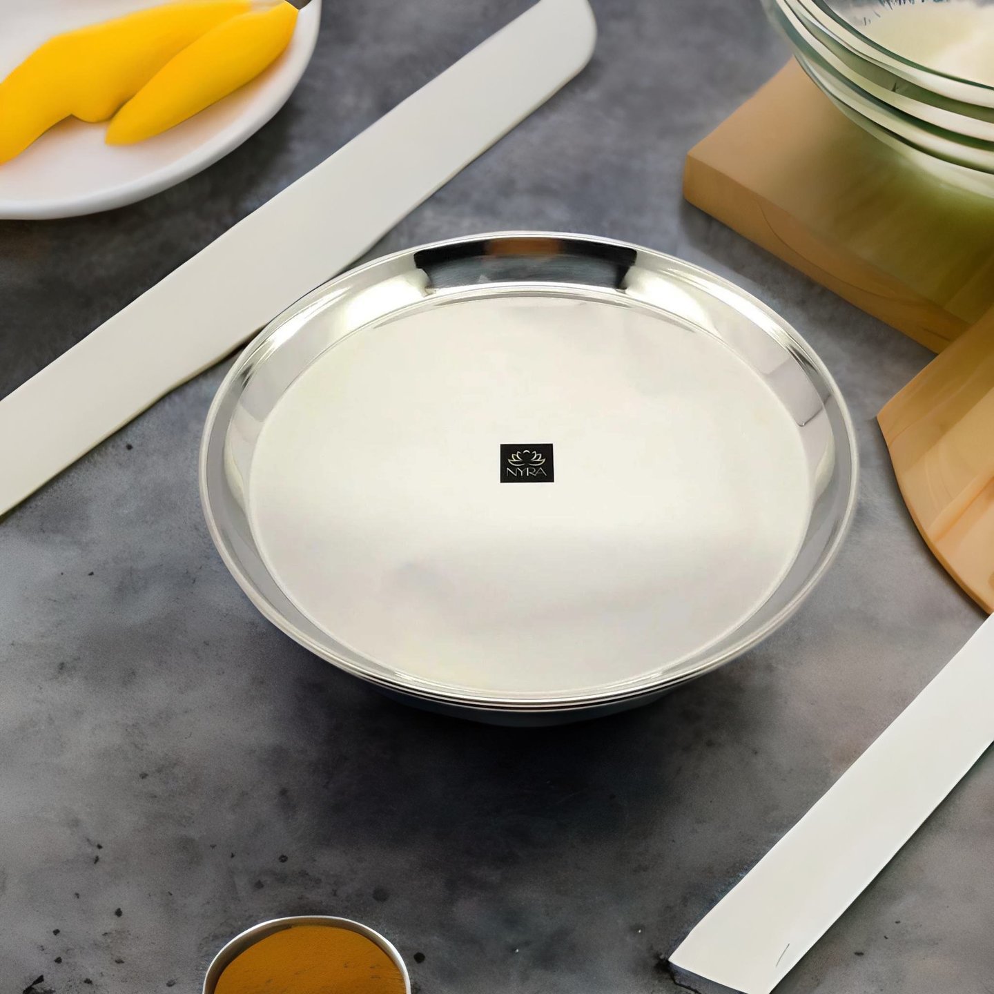 NYRA Stainless Steel Plates with glossy outer finish Set for LunchDinner
